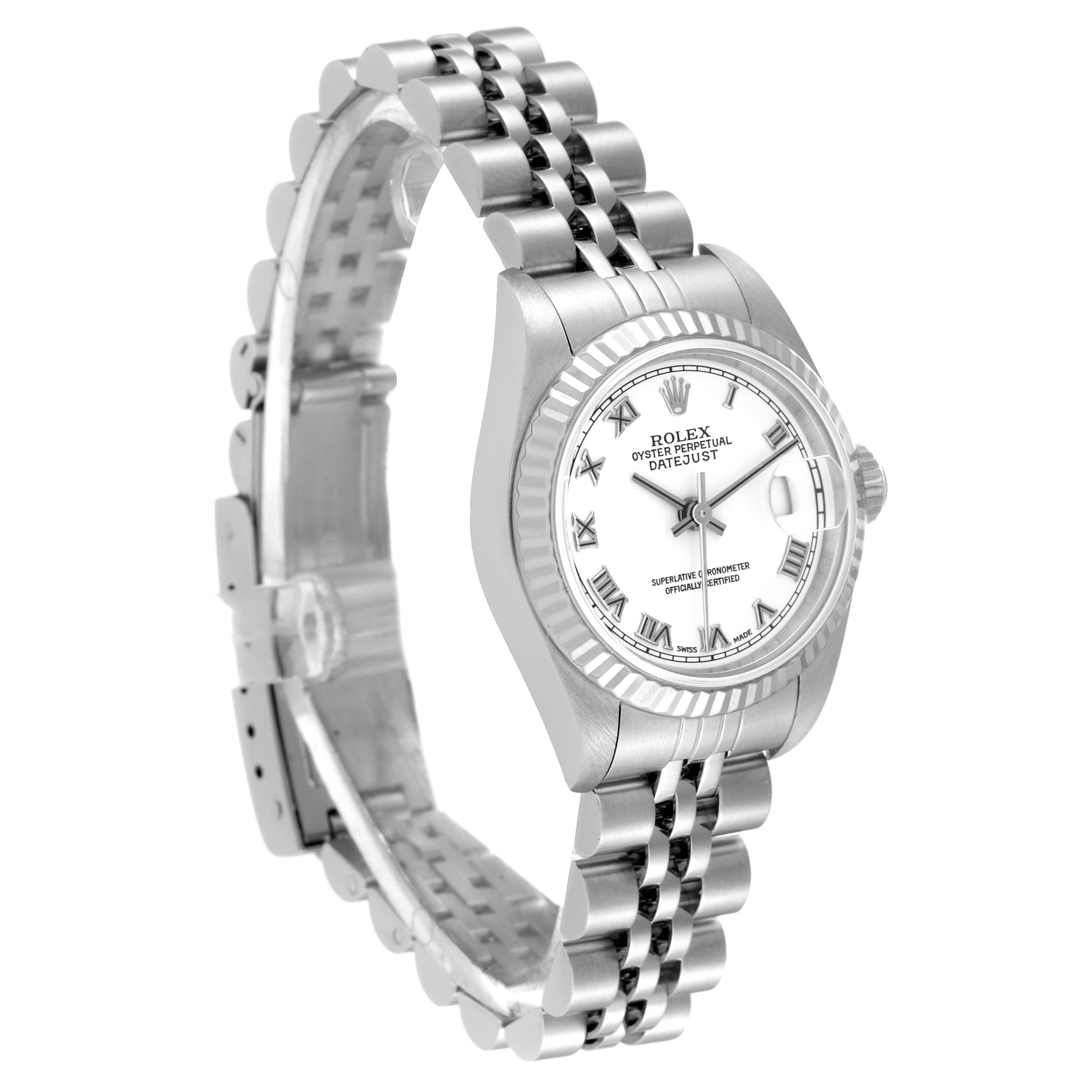 This image shows a Rolex Datejust 79174 Women's Stainless Steel White Dial 79174 Women's Stainless Steel White Dial watch from a three-quarter angle, highlighting the face, bezel, and bracelet.