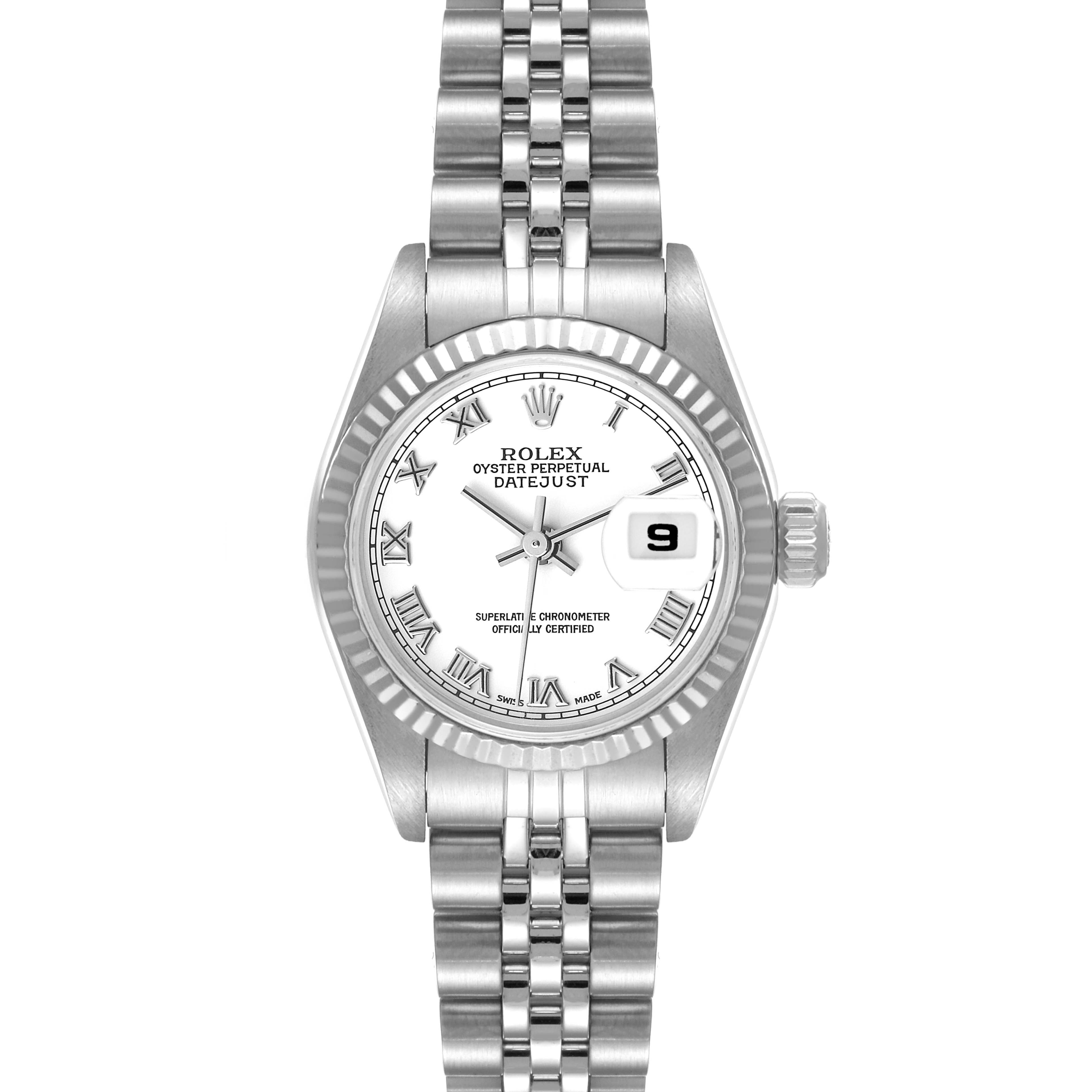 This image shows a full frontal view of the Rolex Datejust 79174 Women's Stainless Steel White Dial 79174 Women's Stainless Steel White Dial watch, highlighting the dial, bezel, case, and Jubilee bracelet.