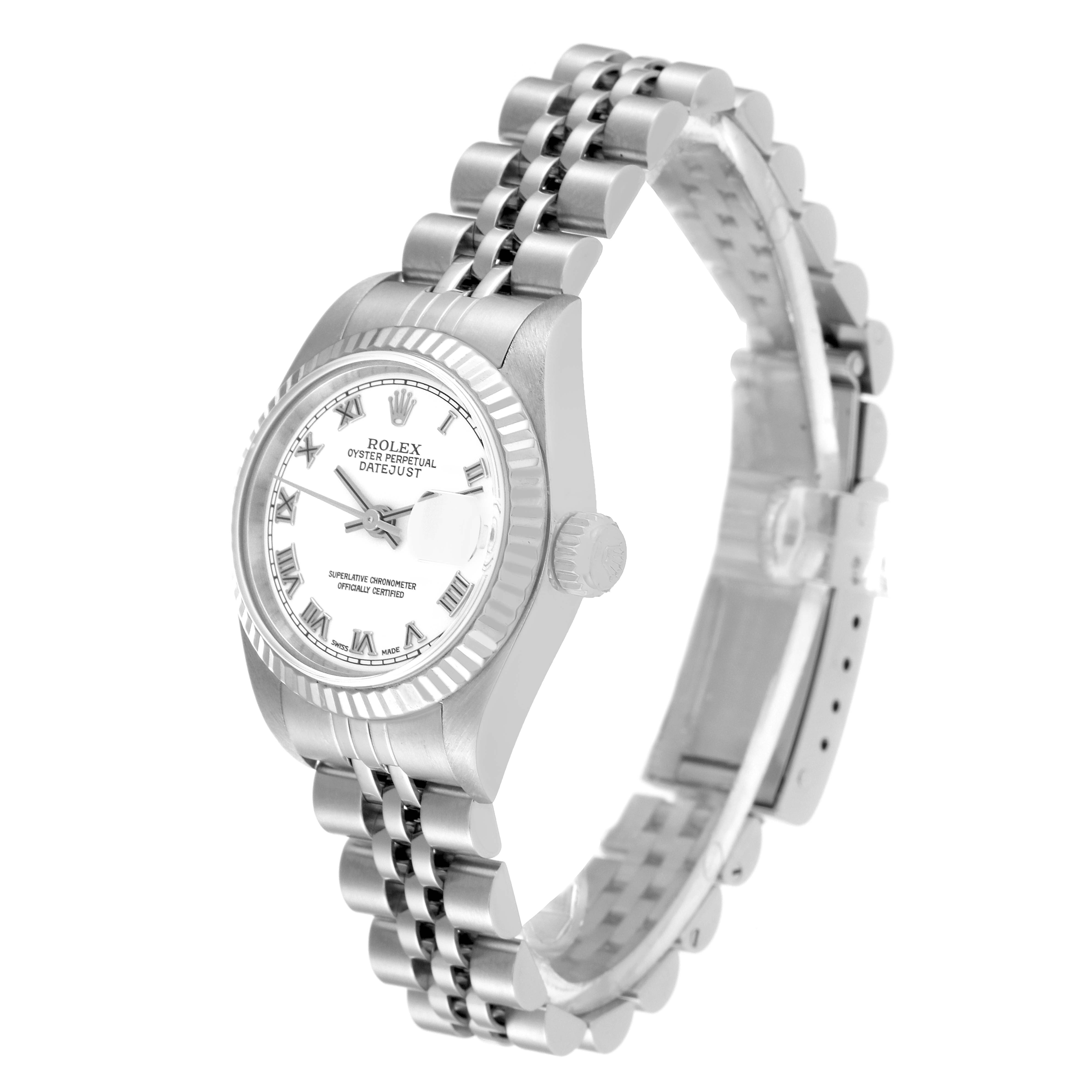 The image shows a side angle of the Rolex Datejust 79174 Women's Stainless Steel White Dial 79174 Women's Stainless Steel White Dial watch, highlighting its face, bracelet, and crown.
