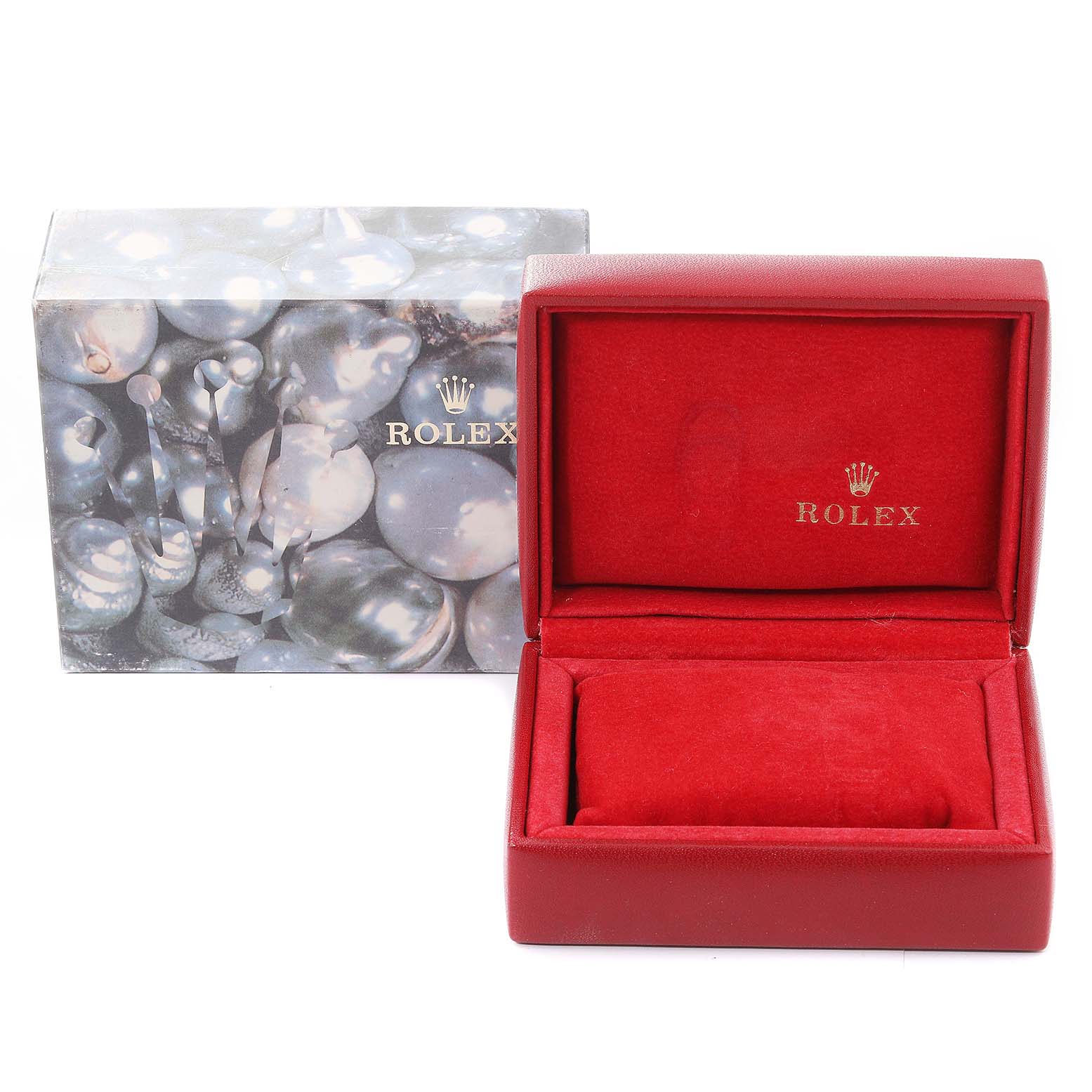 This image shows an empty red Rolex box and its outer packaging, used for the Datejust model.