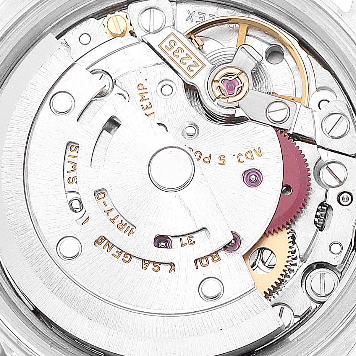 This image shows the movement mechanism of a Rolex Datejust 79174 Women's Stainless Steel White Dial 79174 Women's Stainless Steel White Dial watch, viewed from the back.