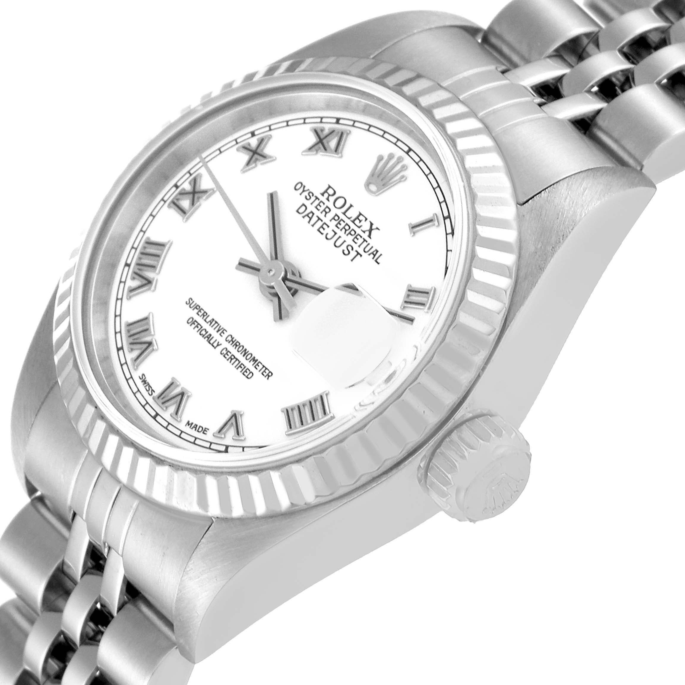 The image shows a Rolex Datejust 79174 Women's Stainless Steel White Dial 79174 Women's Stainless Steel White Dial watch at a slight angle, highlighting the face, bezel, crown, and part of the bracelet.
