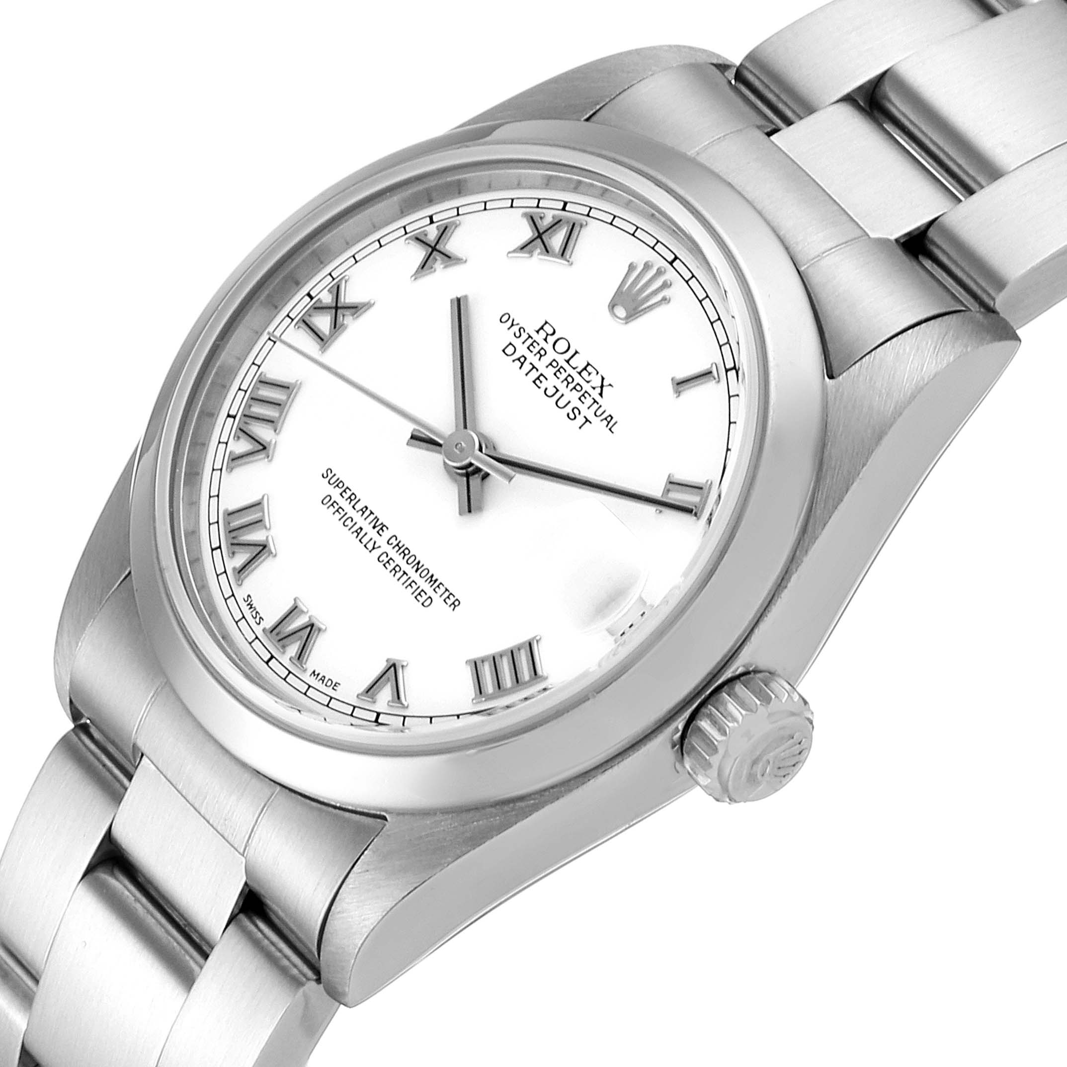 The image shows a side angle of a Rolex Mid-Size 78240 Women's Stainless Steel White Dial 78240 Women's Stainless Steel White Dial Datejust watch, highlighting the dial, crown, and part of the bracelet.
