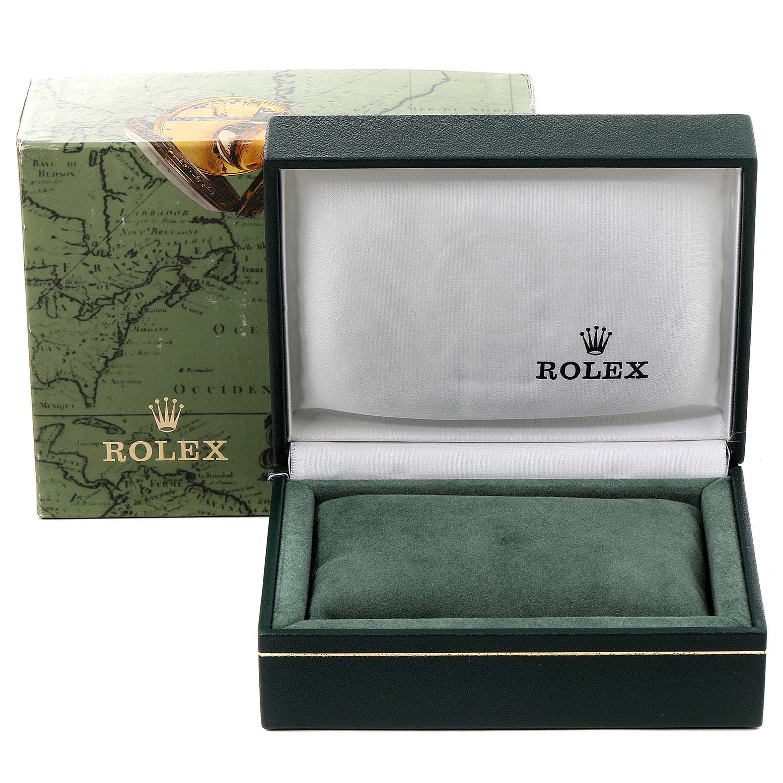 The image shows an empty Rolex box with its lid open and the outer packaging for a Mid-Size Rolex model.