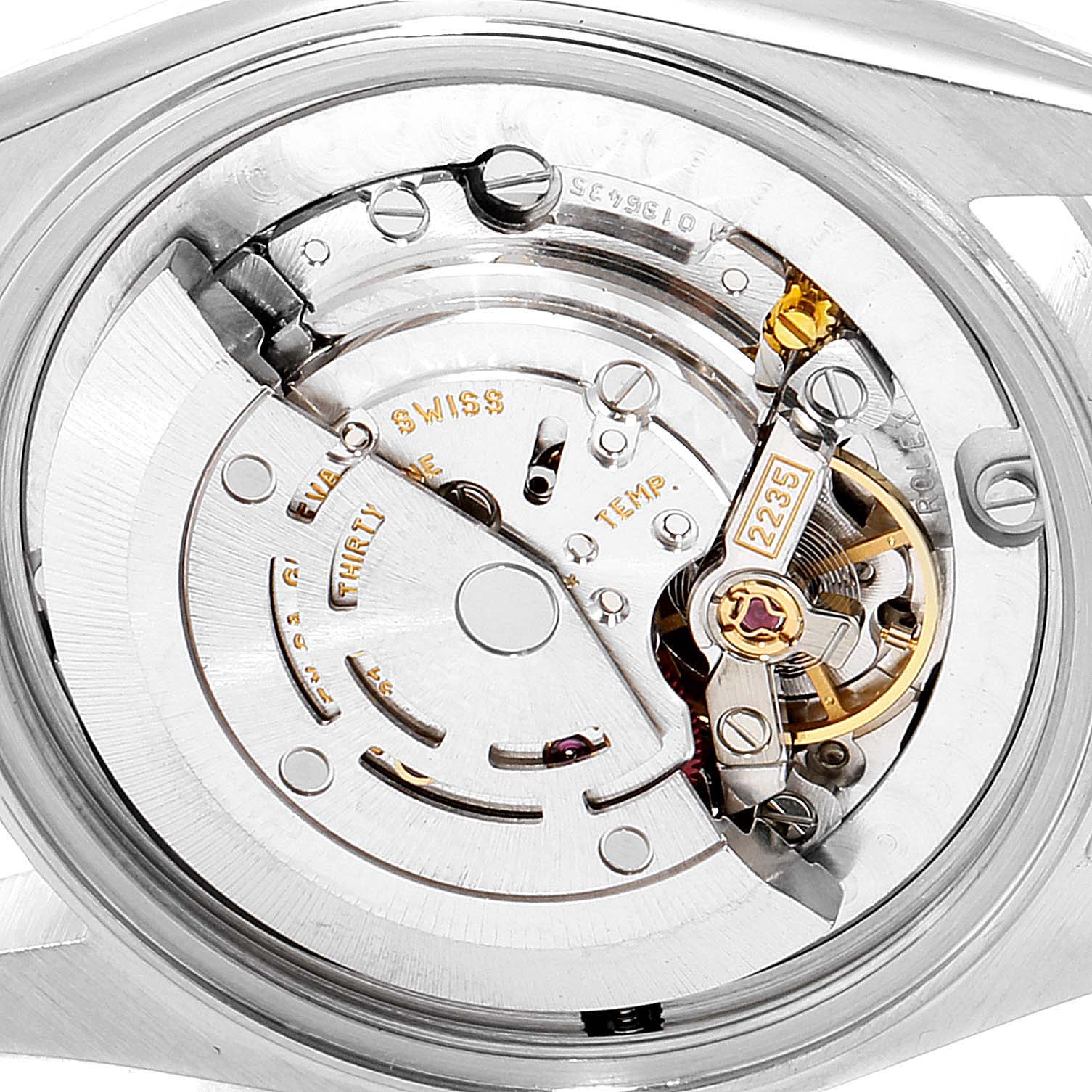 This image shows the internal movement mechanism of a Rolex Mid-Size 78240 Women's Stainless Steel White Dial 78240 Women's Stainless Steel White Dial watch from a top-down angle.
