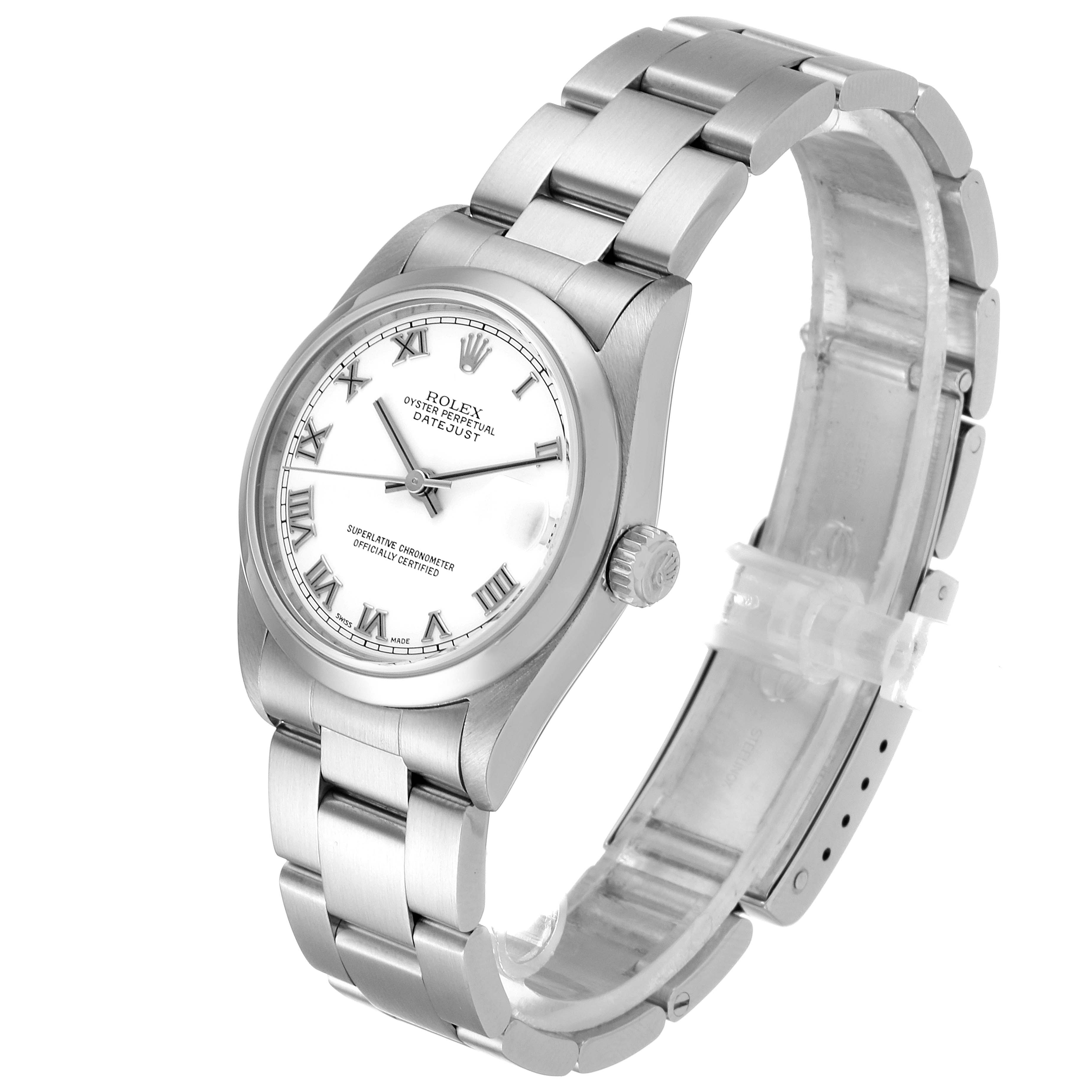 This image shows a Rolex Mid-Size 78240 Women's Stainless Steel White Dial 78240 Women's Stainless Steel White Dial Oyster Perpetual Datejust watch from an angled side view, highlighting the bracelet, case, and dial.