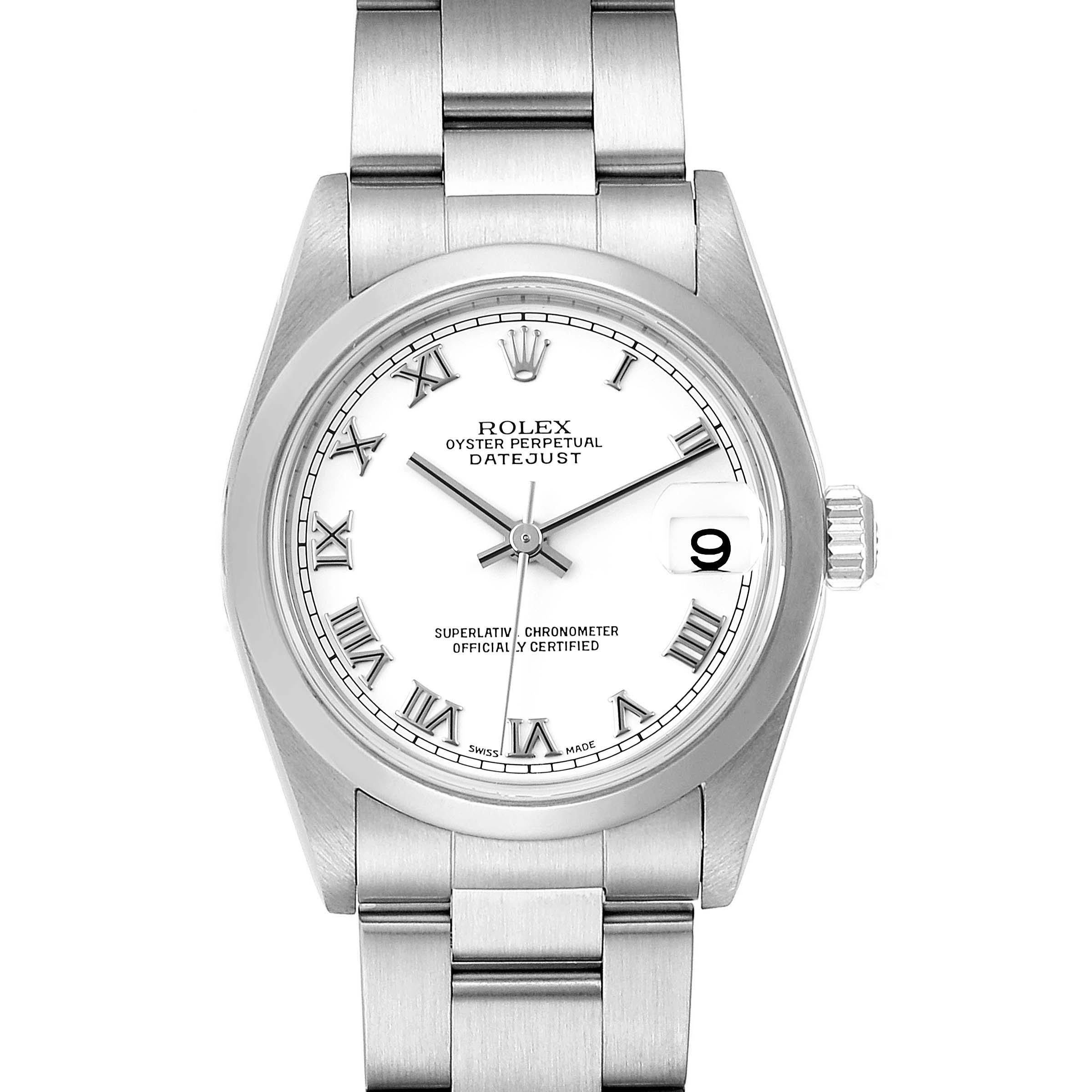 This image shows a Rolex Mid-Size 78240 Women's Stainless Steel White Dial 78240 Women's Stainless Steel White Dial Oyster Perpetual Datejust watch from a direct front angle, displaying its case, dial, and bracelet.