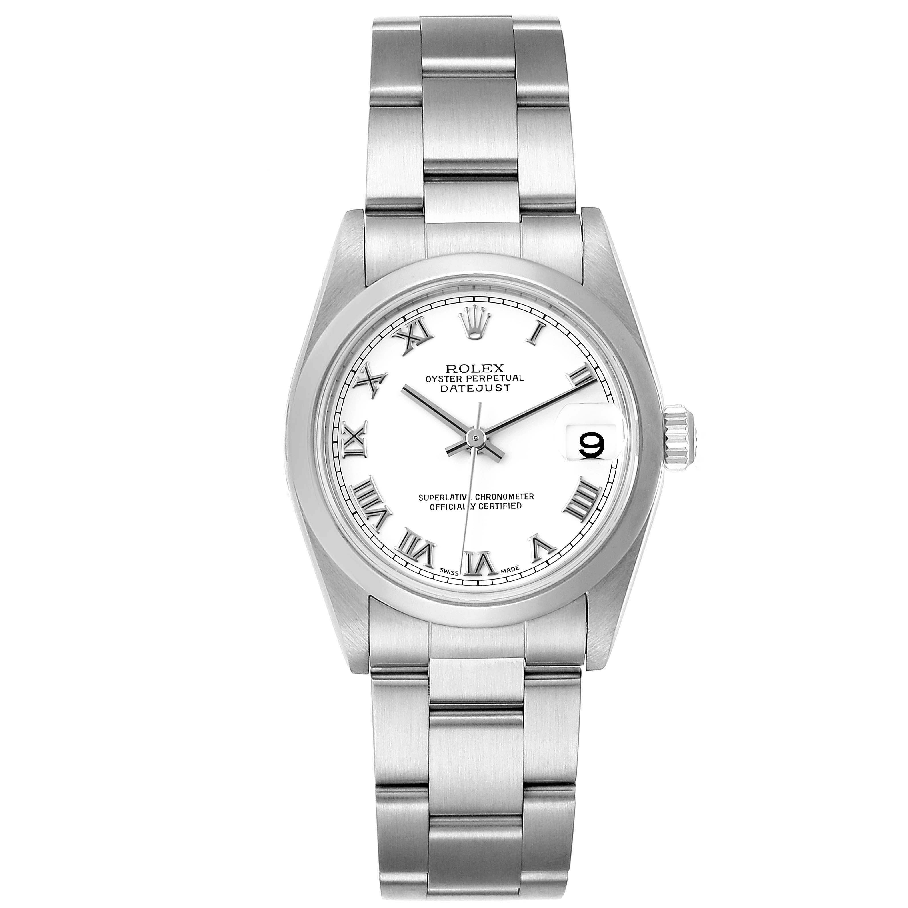 This is a frontal view of a Rolex Oyster Perpetual Datejust Mid-Size watch, showing the dial, case, and bracelet.