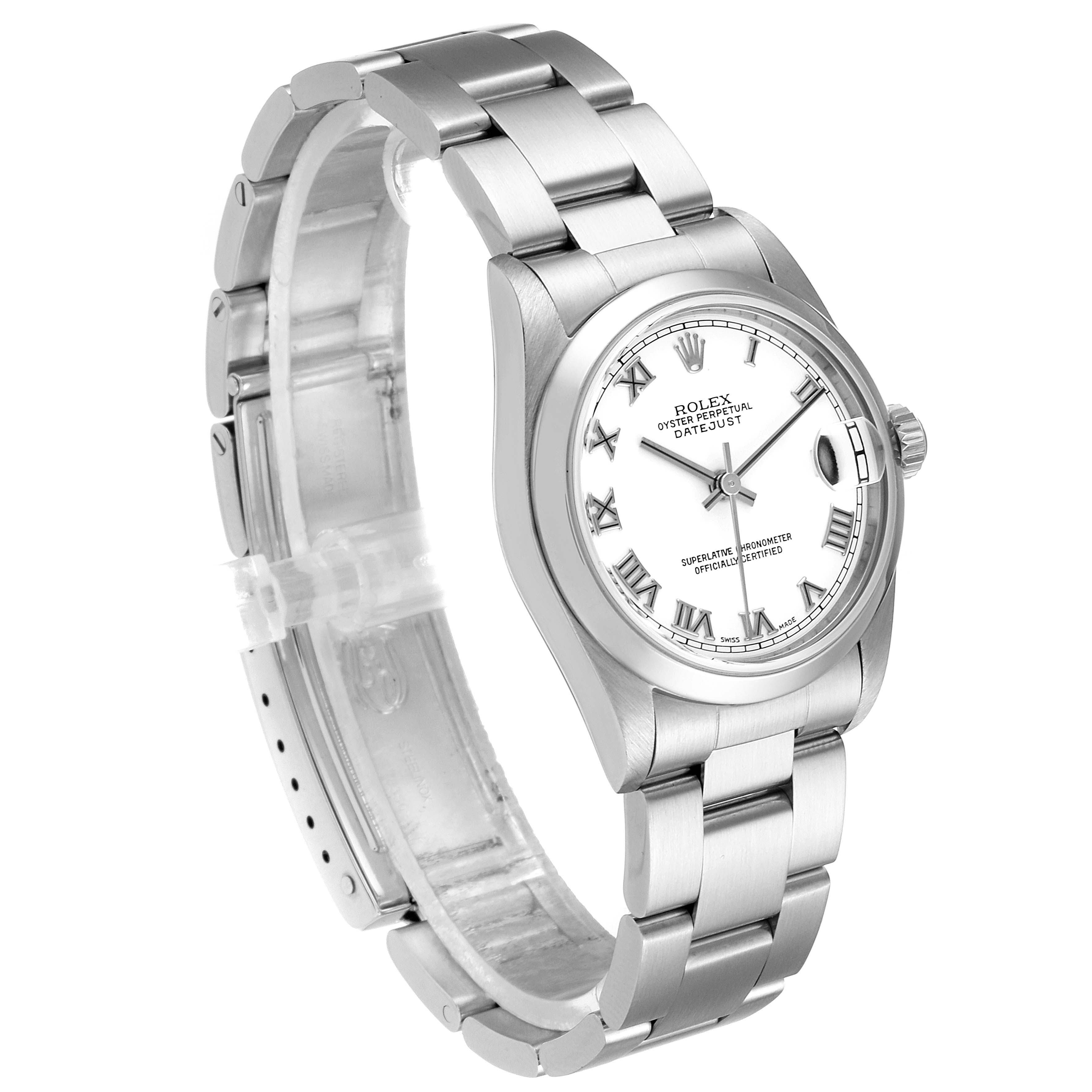 The Rolex Mid-Size 78240 Women's Stainless Steel White Dial 78240 Women's Stainless Steel White Dial Datejust watch is shown at a 3/4 angle, displaying the face, bezel, crown, and bracelet.