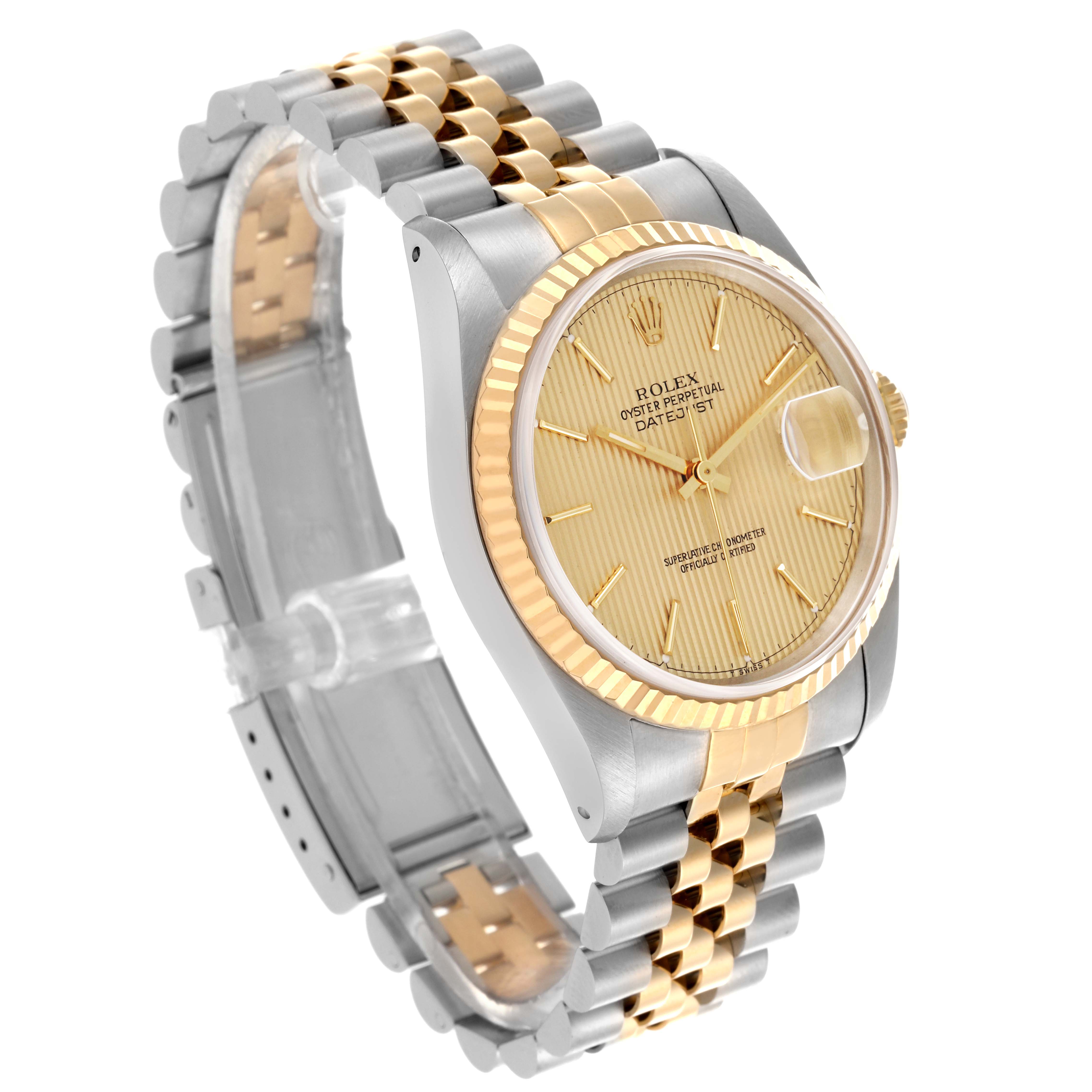 The Rolex Datejust 16233 Men's Steel and Gold (two tone) Champagne Dial 16233 Men's Steel and Gold (two tone) Champagne Dial watch is shown at a three-quarter angle, highlighting the face, fluted bezel, and Jubilee bracelet.