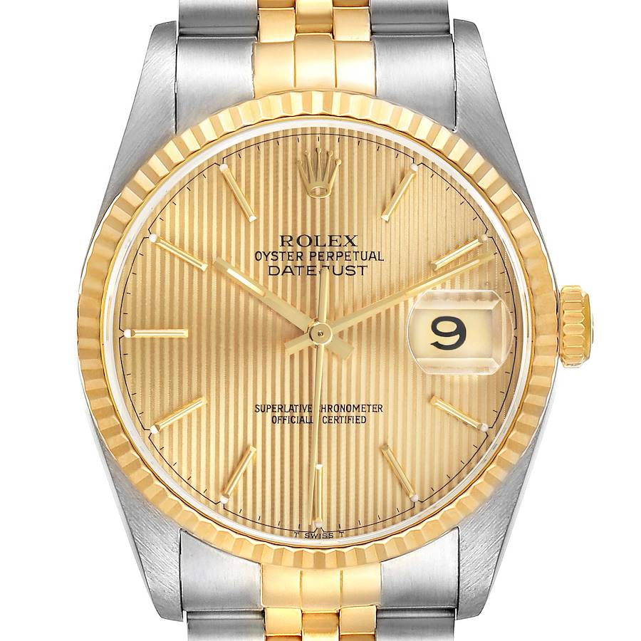 The Rolex Datejust watch is shown from the front, highlighting the gold dial, fluted bezel, and two-tone bracelet.