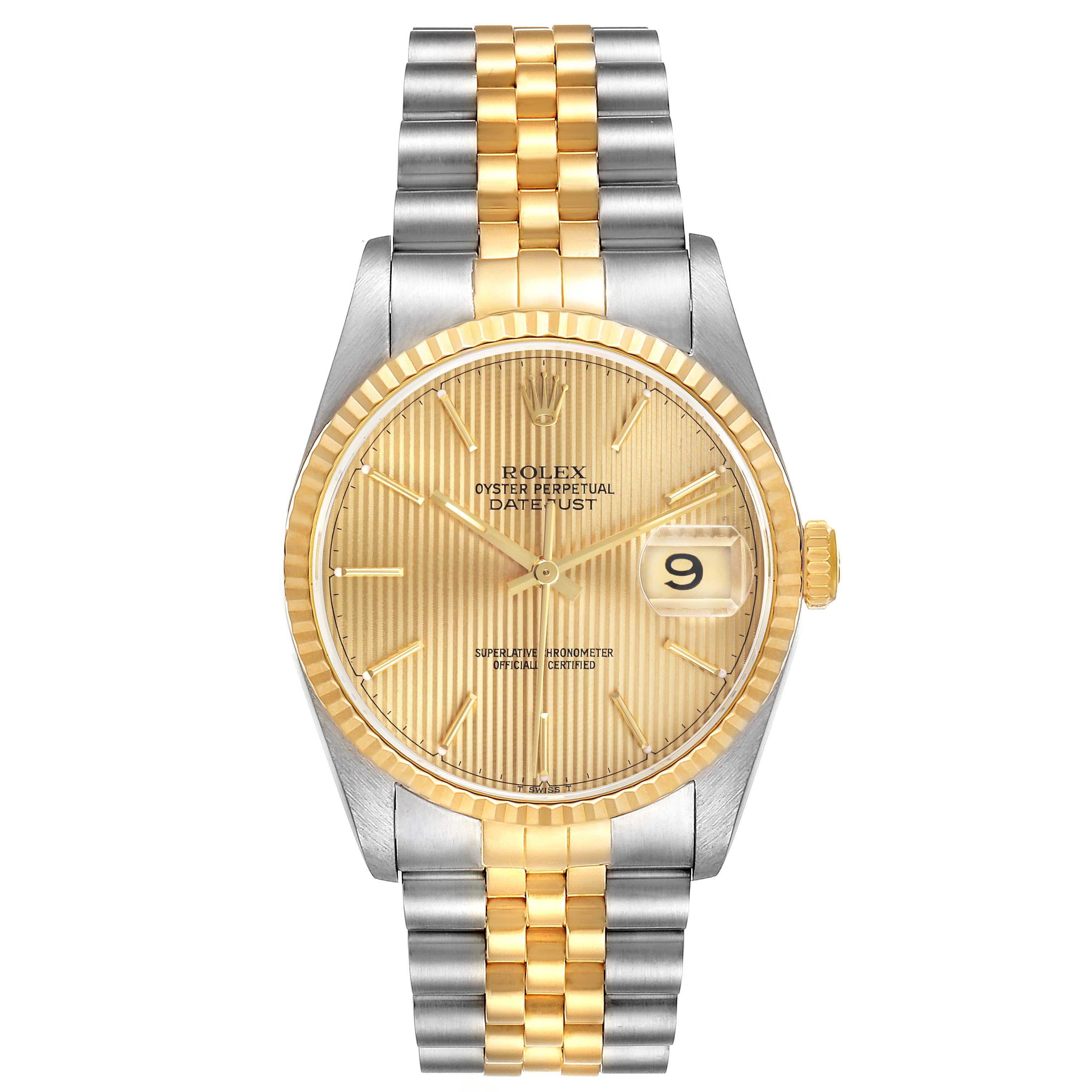 The Rolex Datejust 16233 Men's Steel and Gold (two tone) Champagne Dial 16233 Men's Steel and Gold (two tone) Champagne Dial watch is shown from a front angle, displaying the gold and silver bracelet, fluted bezel, and date window.