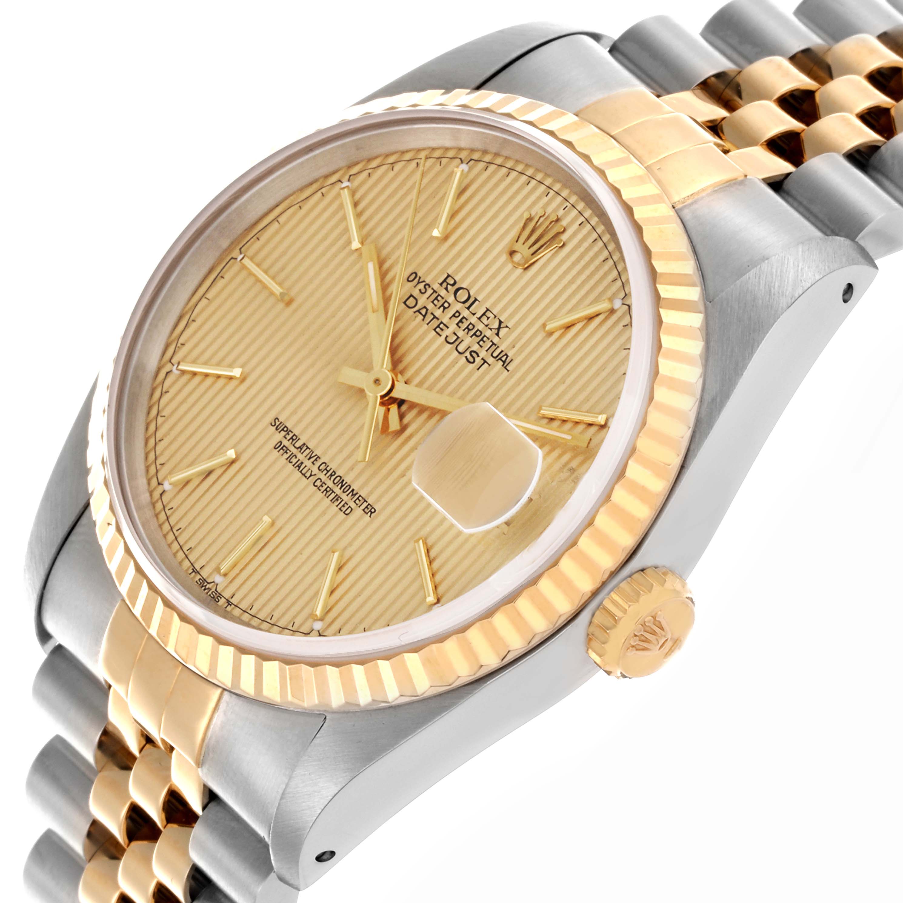 The image shows a Rolex Datejust 16233 Men's Steel and Gold (two tone) Champagne Dial 16233 Men's Steel and Gold (two tone) Champagne Dial watch from a side angle, highlighting its dial, fluted bezel, crown, and bracelet.