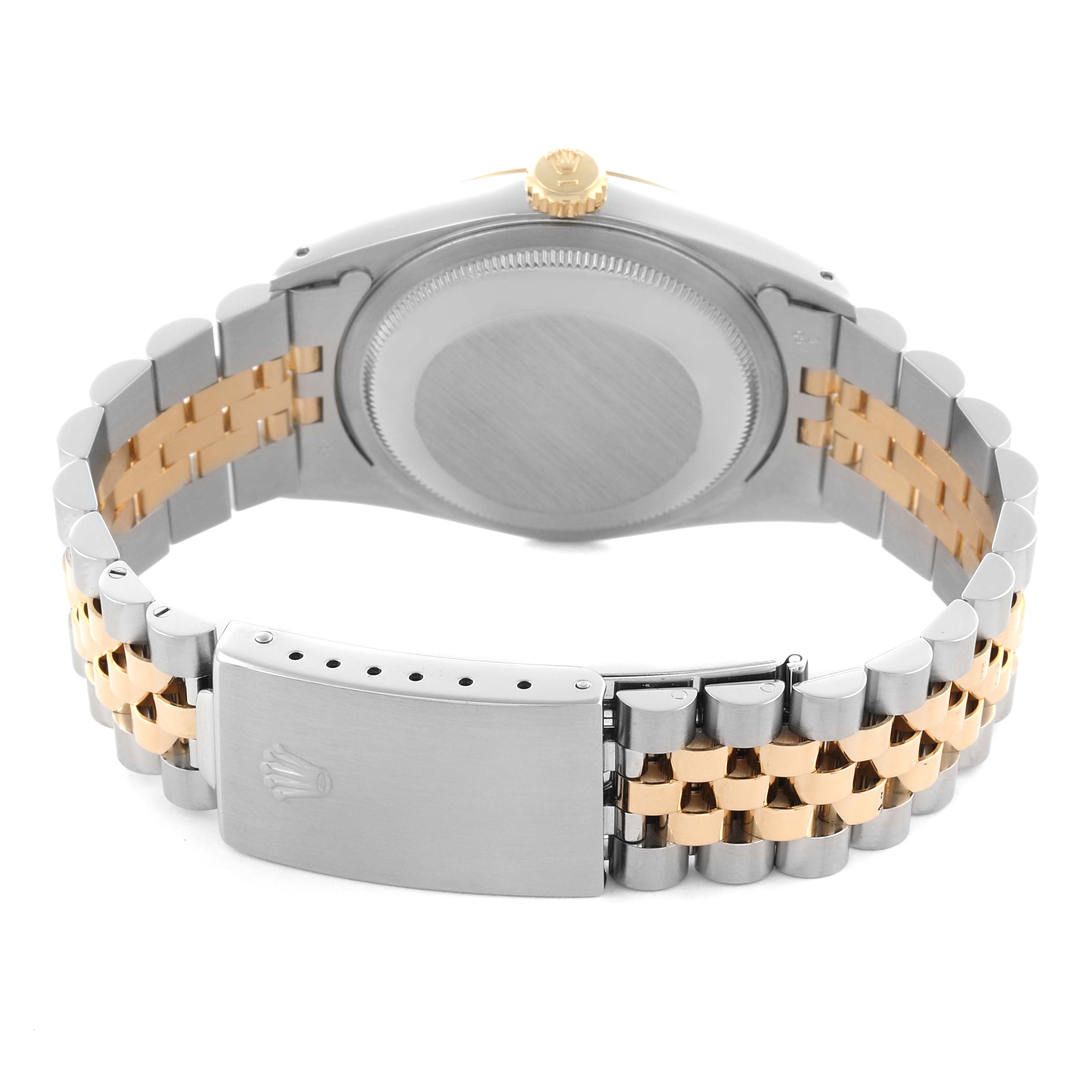 The image shows the back of a Rolex Datejust 16233 Men's Steel and Gold (two tone) Champagne Dial 16233 Men's Steel and Gold (two tone) Champagne Dial watch, featuring the case back, bracelet links, and clasp.