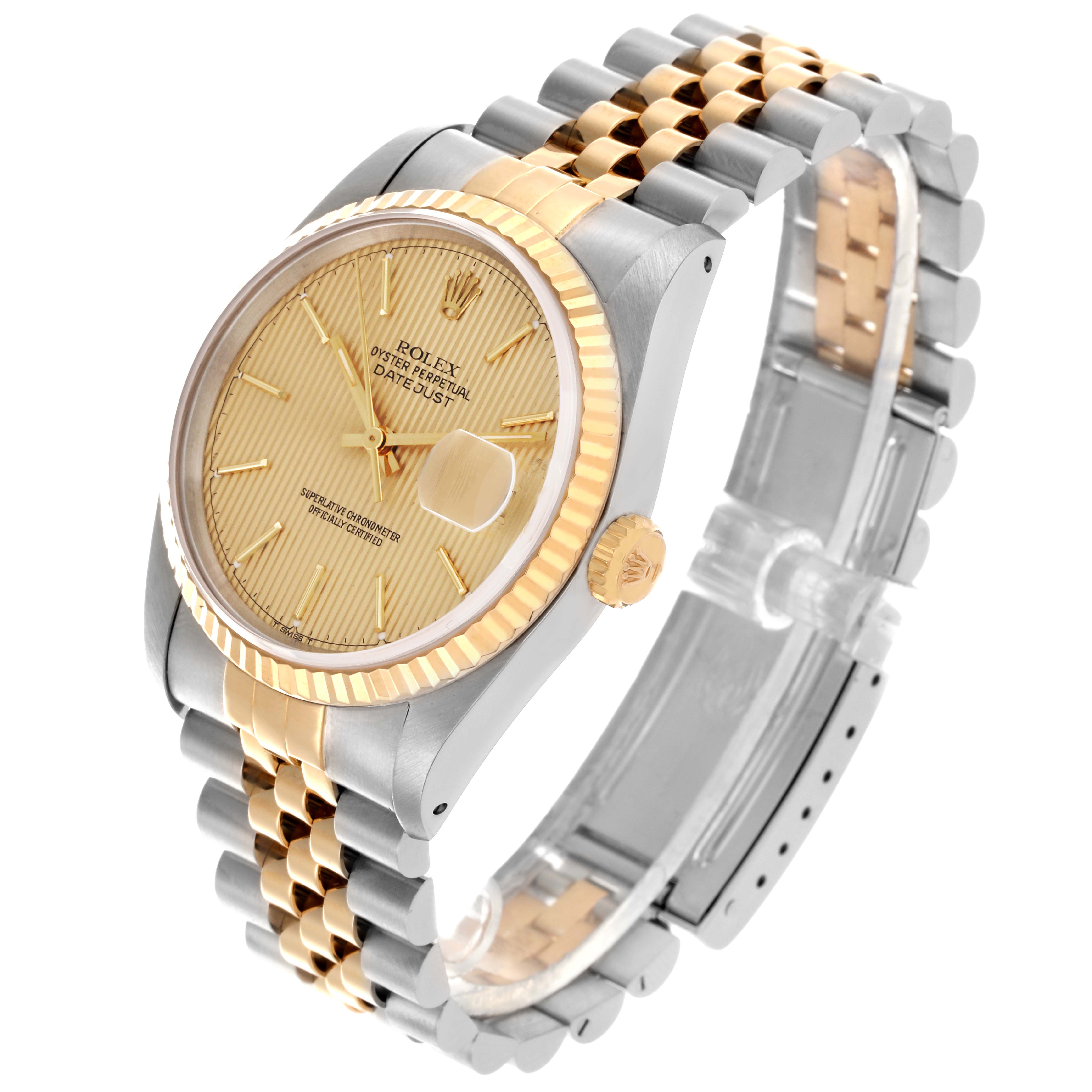 The Rolex Datejust 16233 Men's Steel and Gold (two tone) Champagne Dial 16233 Men's Steel and Gold (two tone) Champagne Dial watch is shown at a three-quarter angle, highlighting the dial, fluted bezel, crown, and Jubilee bracelet.