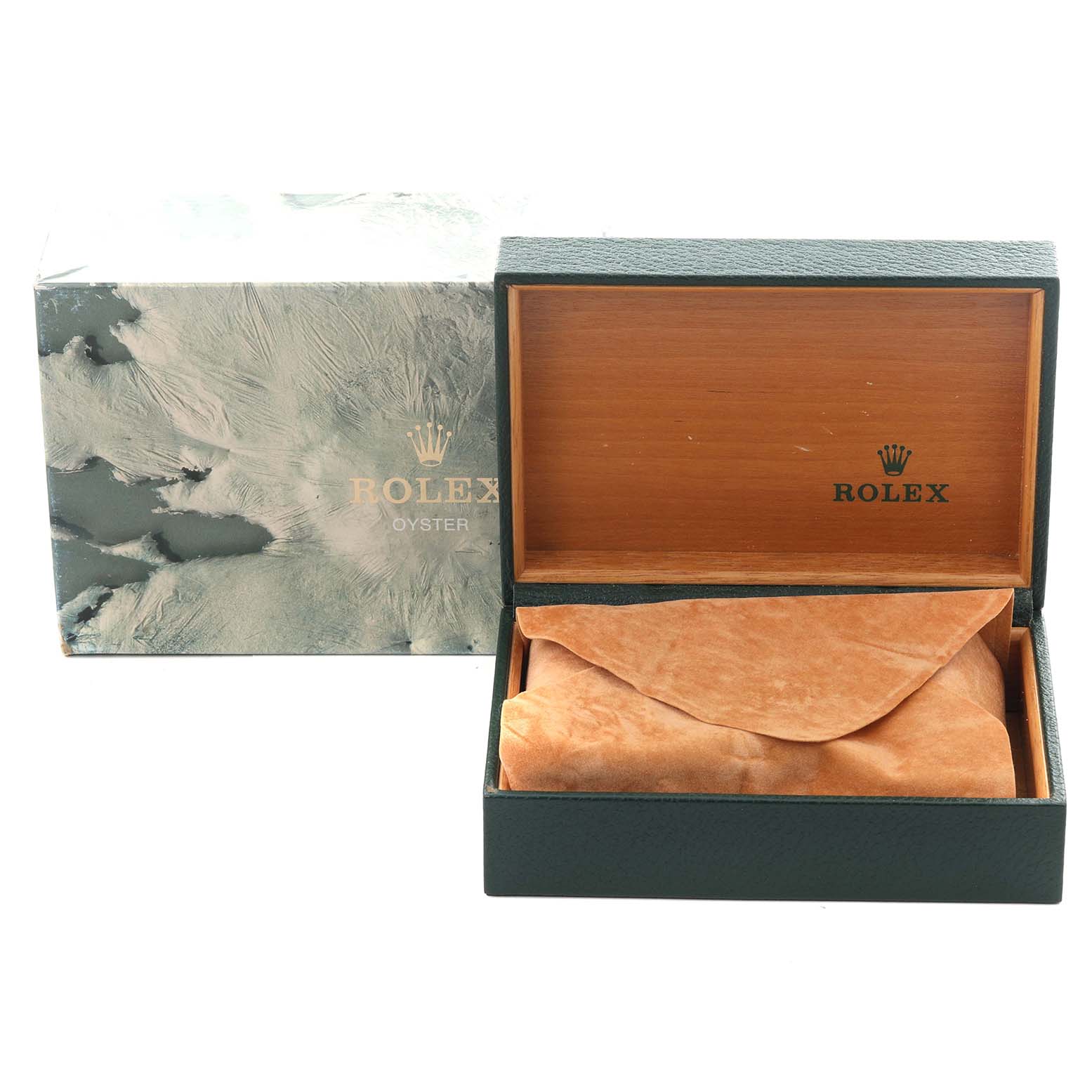 The image shows a Rolex Datejust 16233 Men's Steel and Gold (two tone) Champagne Dial 16233 Men's Steel and Gold (two tone) Champagne Dial watch box and cover with an interior cushion, viewed from above.