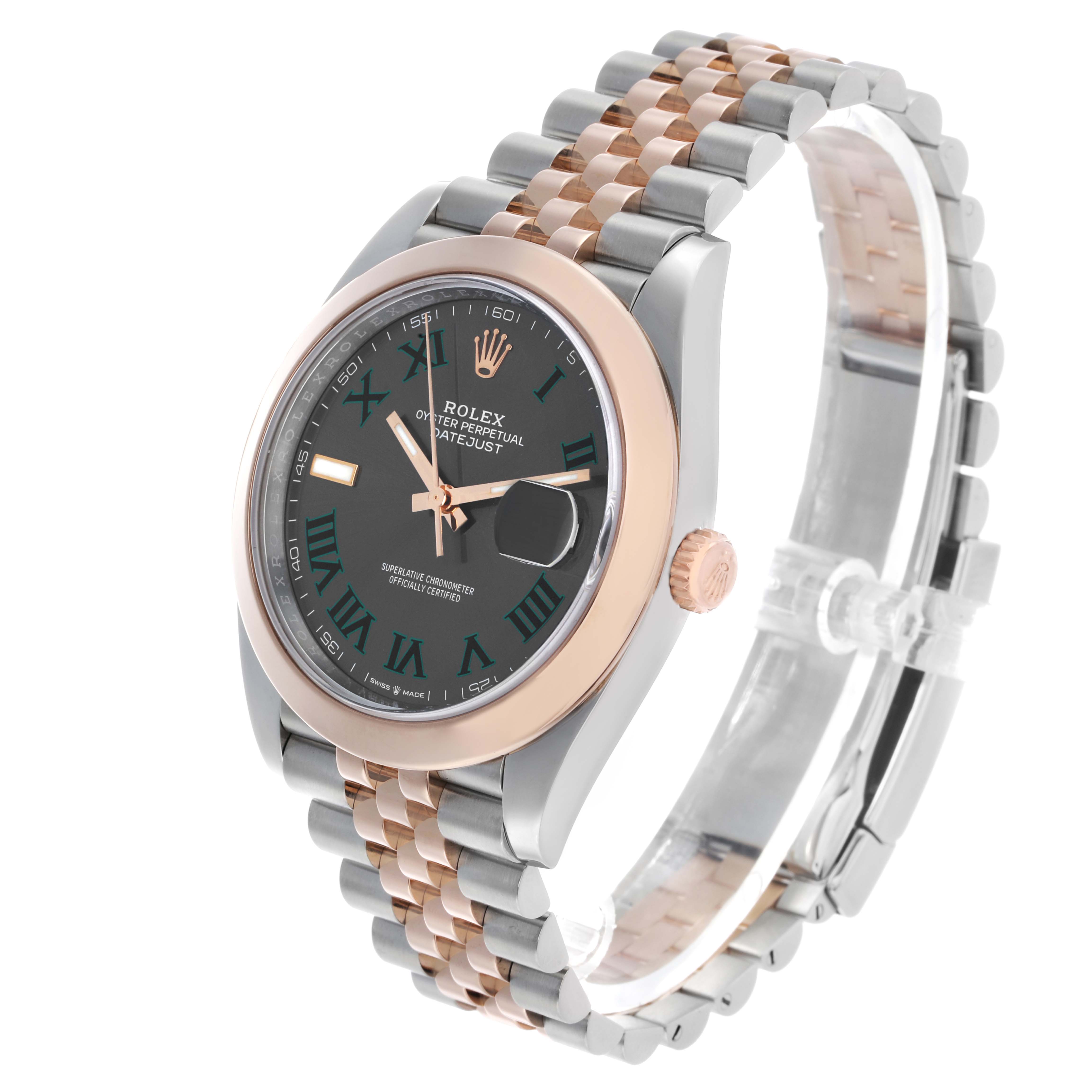 The Rolex Datejust 41 126301 Men's Steel and Gold (two tone) Grey Dial is shown at a three-quarter angle, displaying the watch face, bezel, and bracelet clearly.