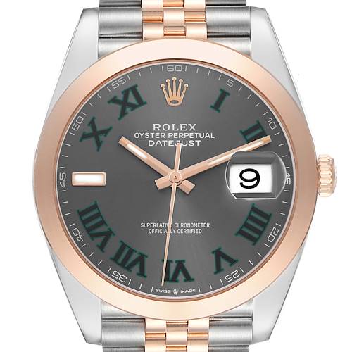 The Rolex Datejust 41 126301 Men's Steel and Gold (two tone) Grey Dial is shown from the front, highlighting the face, bezel, and part of the bracelet in a close-up view.