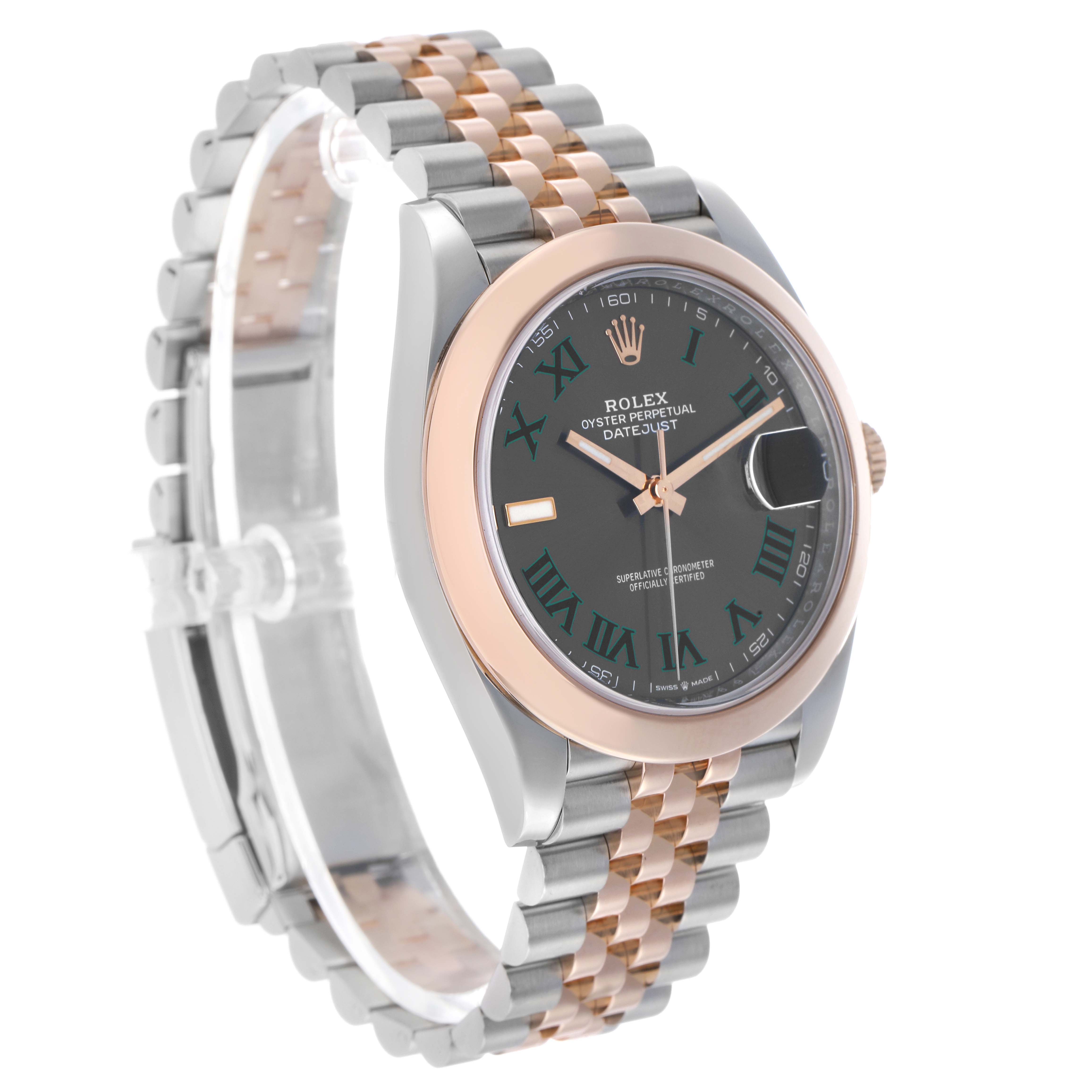 The image shows a Rolex Datejust 41 126301 Men's Steel and Gold (two tone) Grey Dial watch angled to display its face, bezel, and two-tone bracelet.