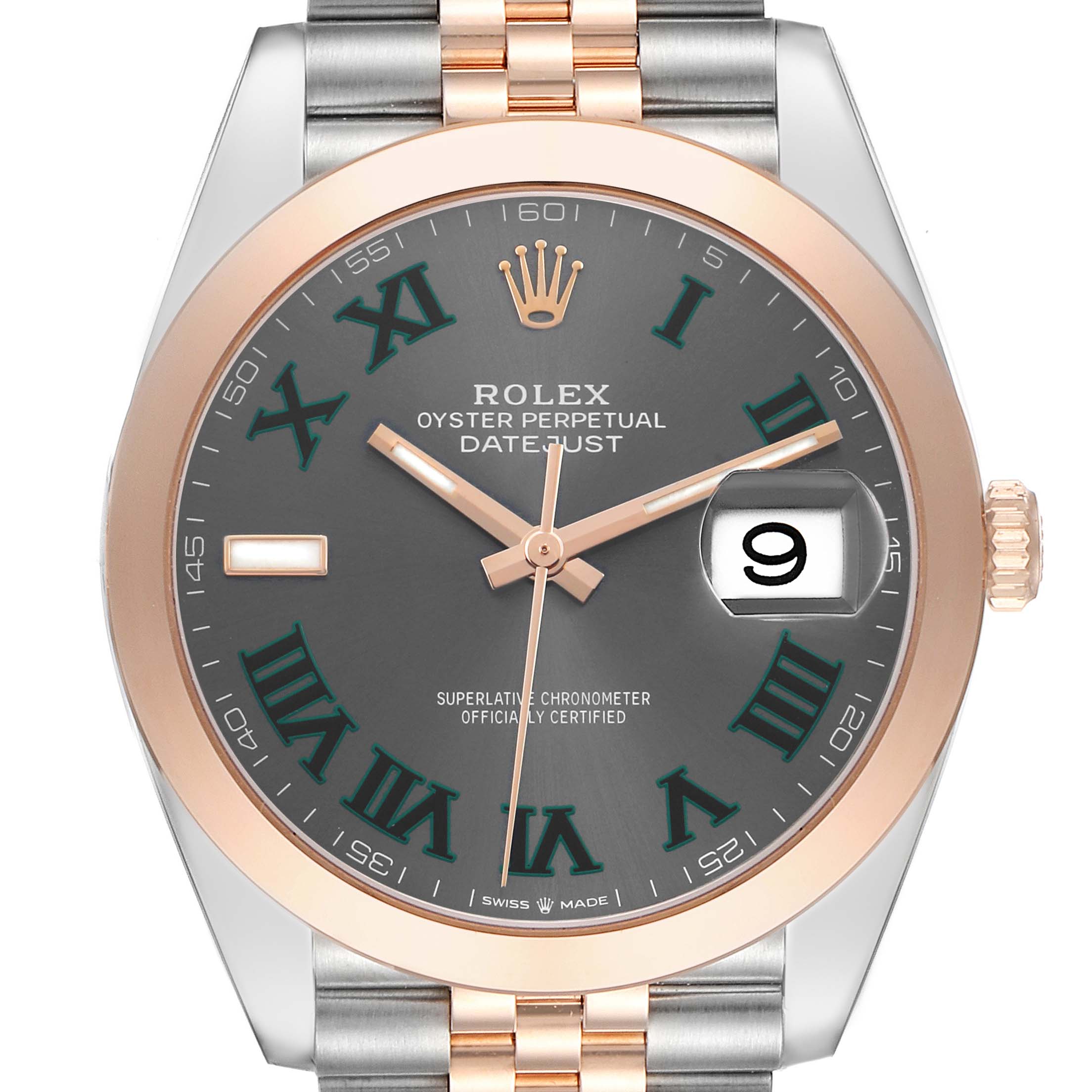 The Rolex Datejust 41 126301 Men's Steel and Gold (two tone) Grey Dial is shown from the front, highlighting its dial, bezel, crown, and part of the bracelet.