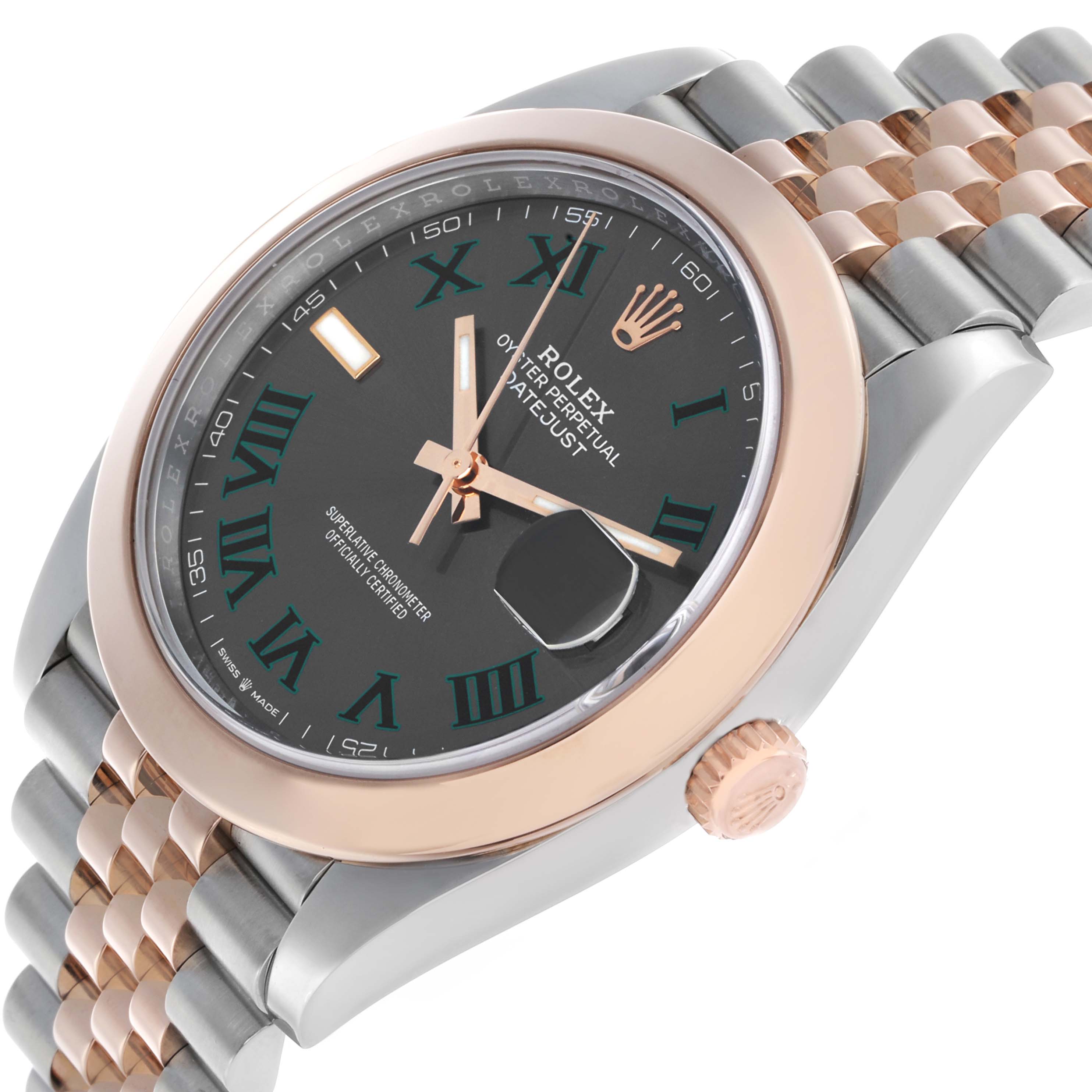 The Rolex Datejust 41 126301 Men's Steel and Gold (two tone) Grey Dial watch is shown at an angled side view, displaying the dial, bezel, and partially the two-tone Jubilee bracelet.