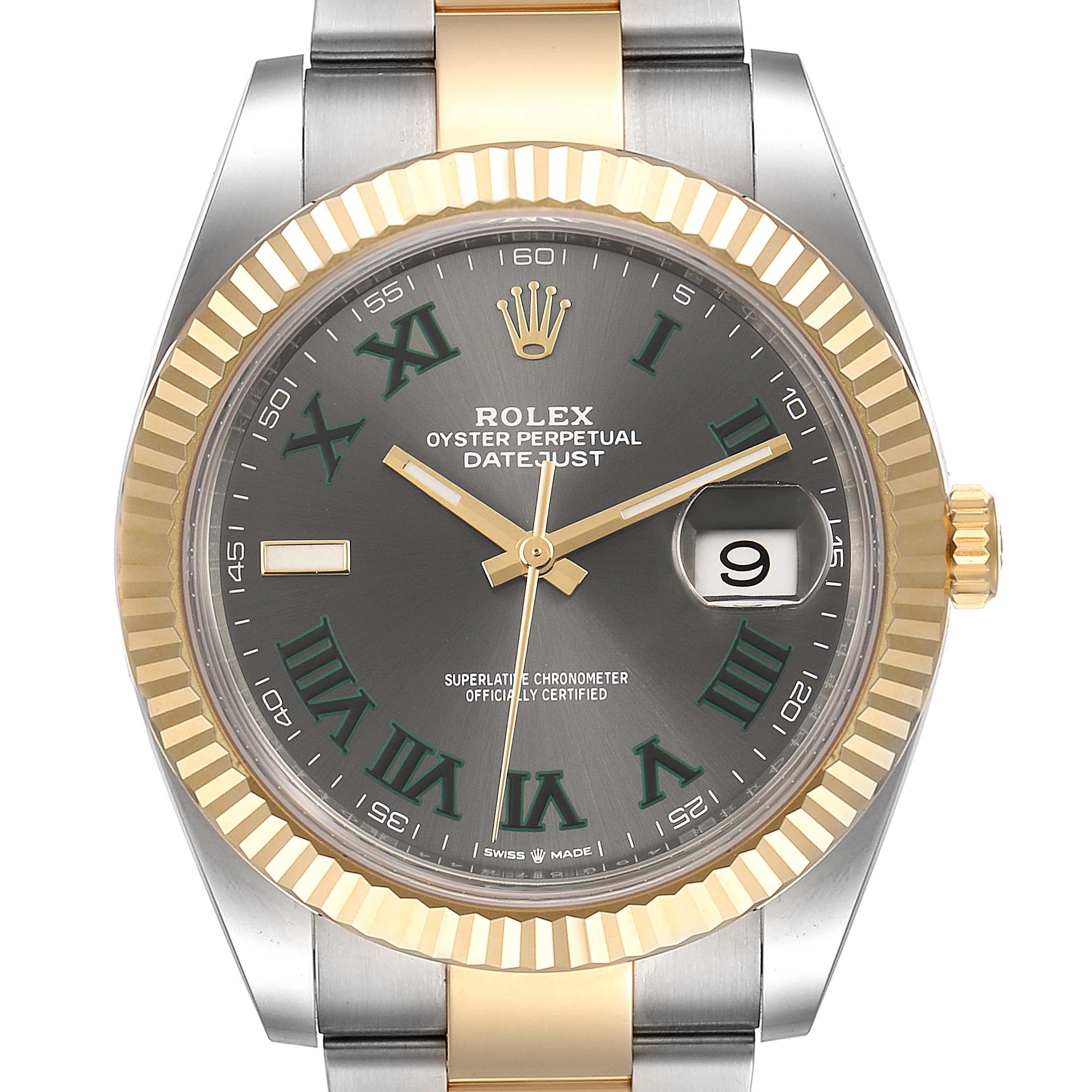 This image shows a frontal view of a Rolex Datejust 41 126333 Men's Steel and Gold (two tone) Grey Dial 126333 Men's Steel and Gold (two tone) Grey Dial watch displaying its face, fluted bezel, and part of its bracelet.