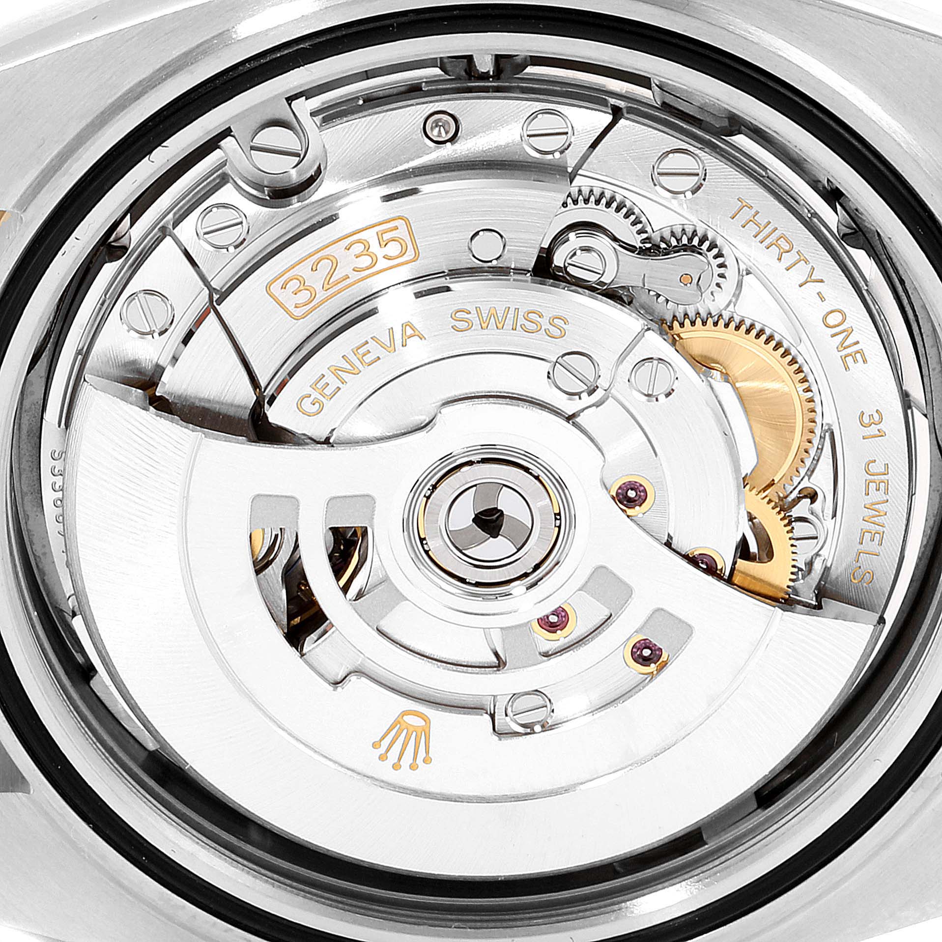 This image shows the detailed inner mechanism and movement of the Rolex Datejust 41 126333 Men's Steel and Gold (two tone) Grey Dial 126333 Men's Steel and Gold (two tone) Grey Dial model, focusing on its caliber 3235.