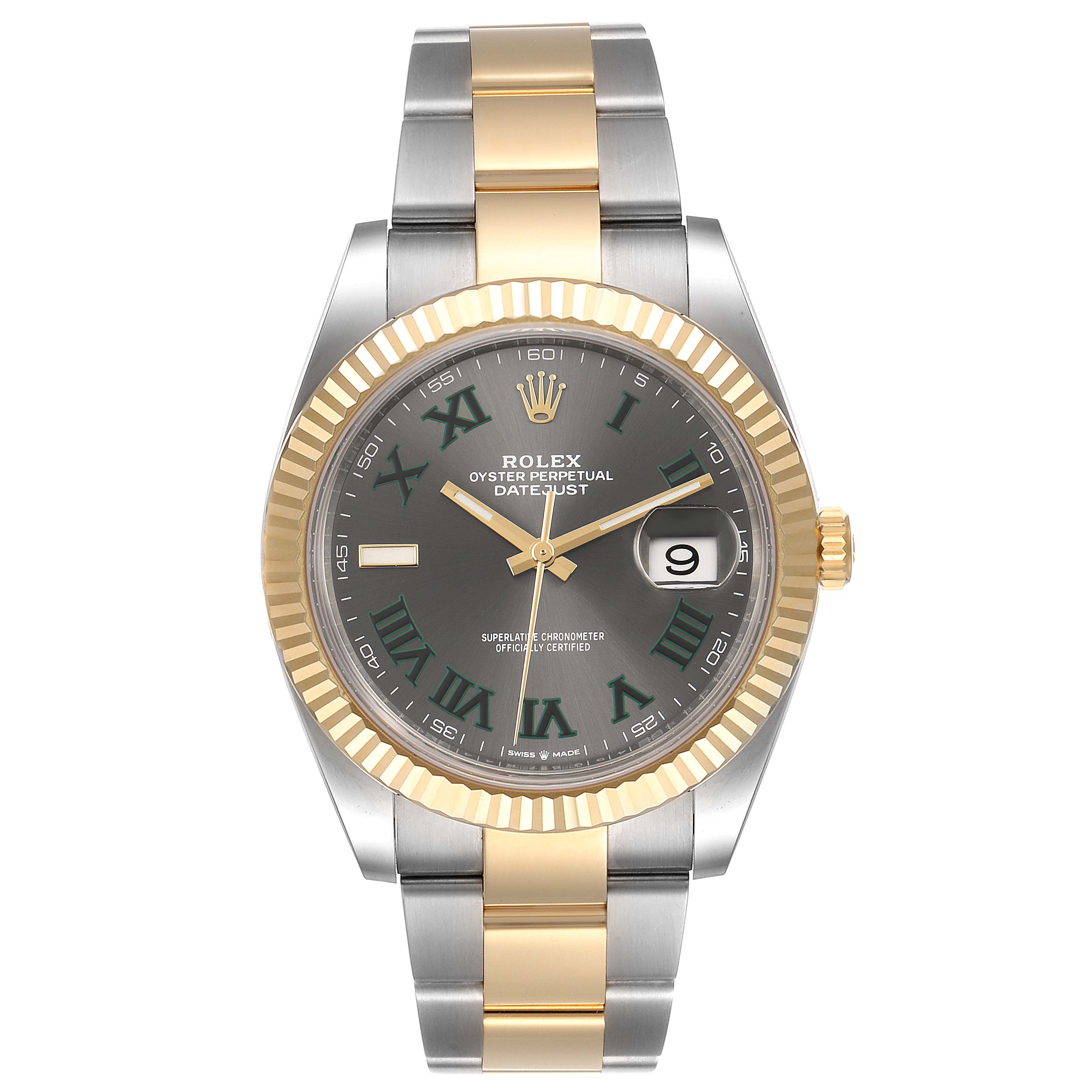 This image shows a Rolex Datejust 41 126333 Men's Steel and Gold (two tone) Grey Dial 126333 Men's Steel and Gold (two tone) Grey Dial watch from a frontal angle, highlighting its dial, hands, bezel, and bracelet.
