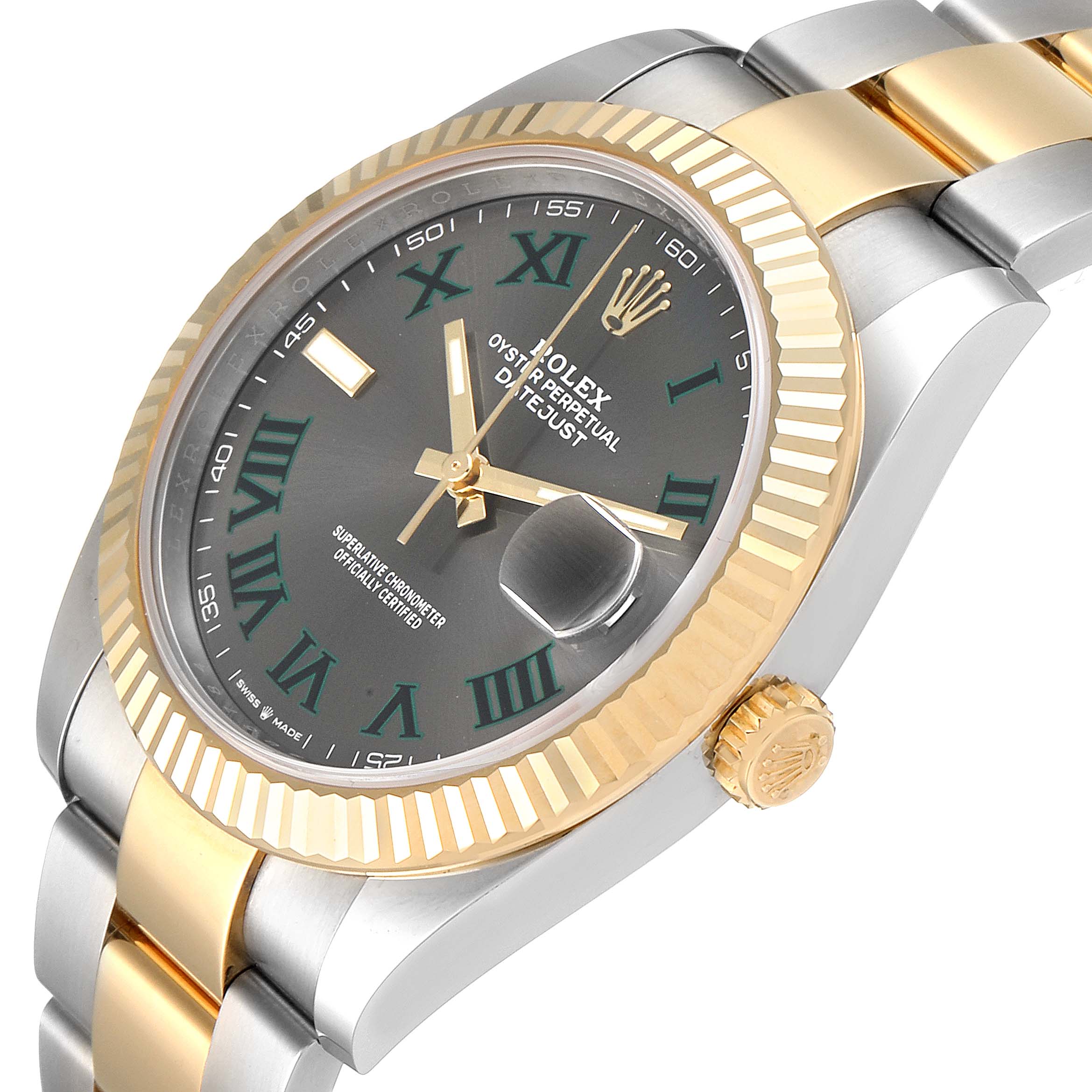 The image shows a Rolex Datejust 41 126333 Men's Steel and Gold (two tone) Grey Dial 126333 Men's Steel and Gold (two tone) Grey Dial model from a side angle, highlighting the bezel, crown, and part of the bracelet.