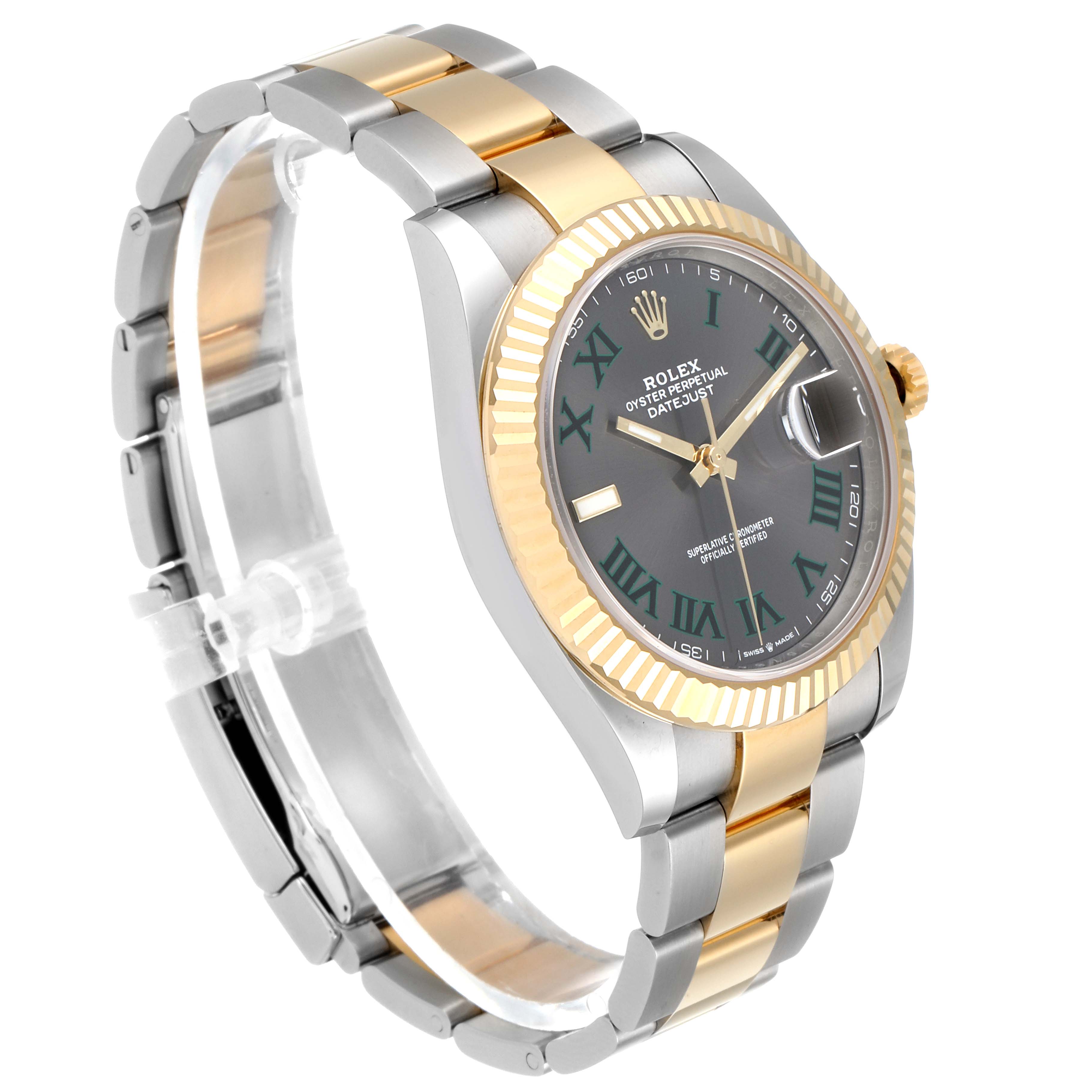 The Rolex Datejust 41 126333 Men's Steel and Gold (two tone) Grey Dial 126333 Men's Steel and Gold (two tone) Grey Dial model is shown at a slight side angle, highlighting the dial, bracelet, and fluted bezel.