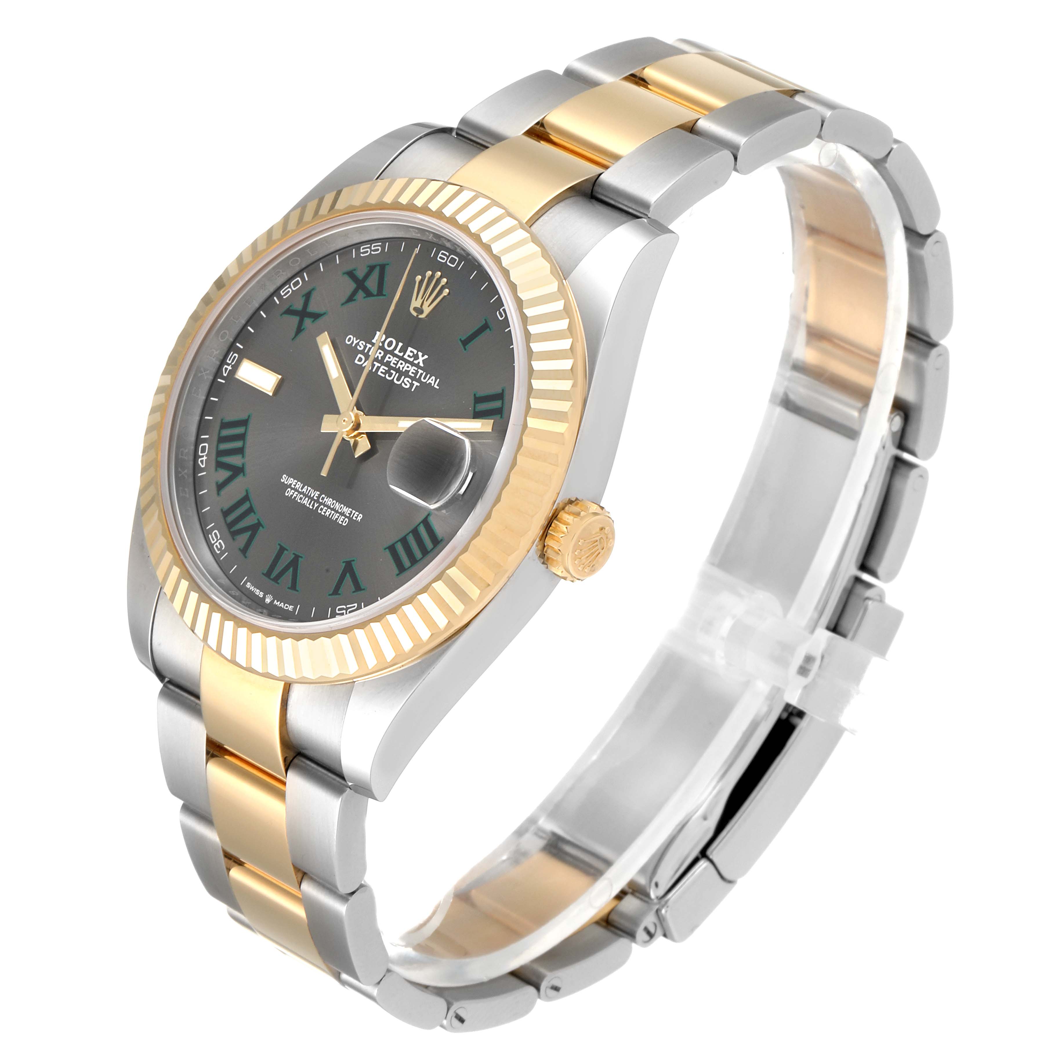 The Rolex Datejust 41 126333 Men's Steel and Gold (two tone) Grey Dial 126333 Men's Steel and Gold (two tone) Grey Dial watch is shown at a slight angle, displaying its two-tone band, fluted bezel, and black dial with Roman numerals.