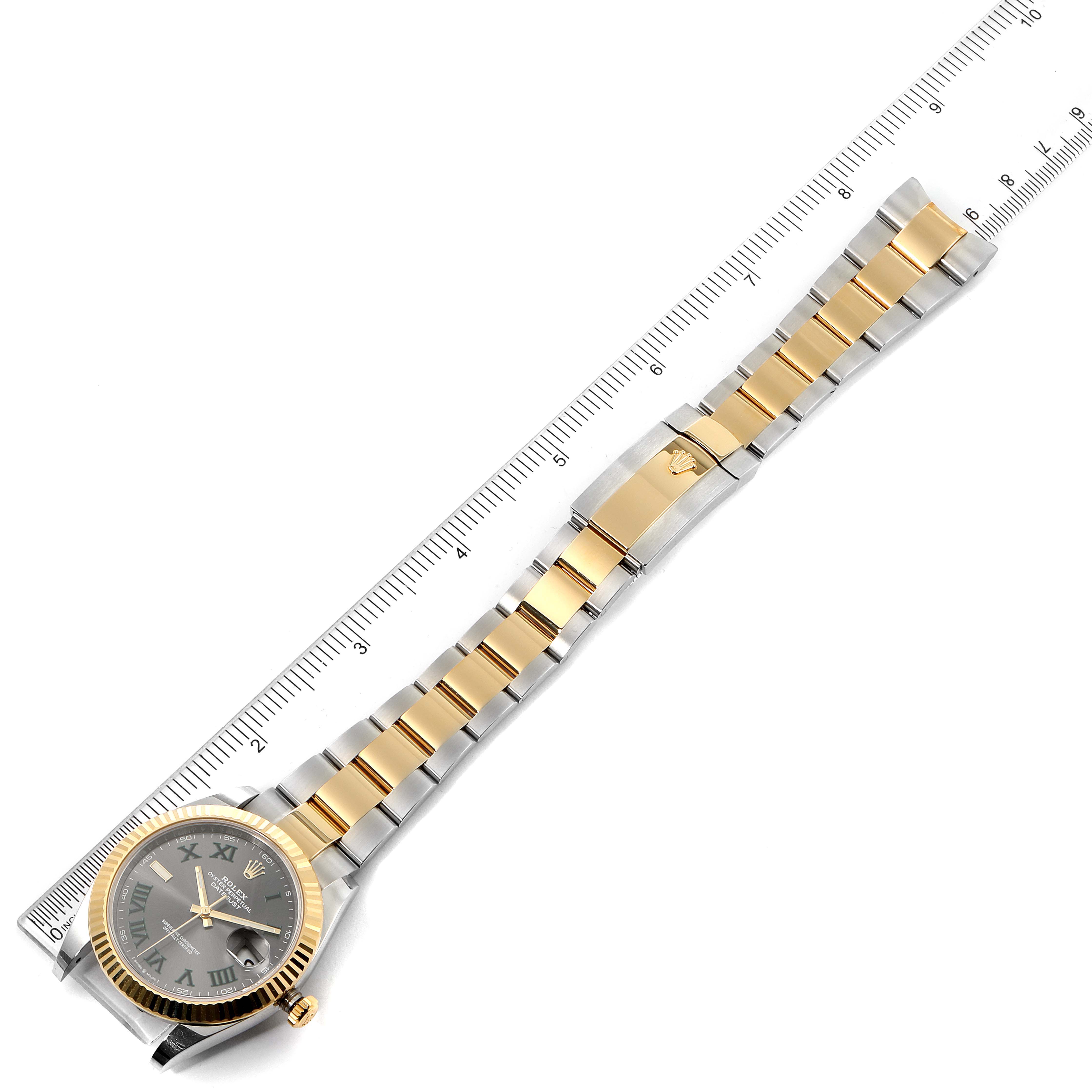 The Rolex Datejust 41 126333 Men's Steel and Gold (two tone) Grey Dial 126333 Men's Steel and Gold (two tone) Grey Dial model is shown flat with its full bracelet and face visible alongside a ruler for scale.