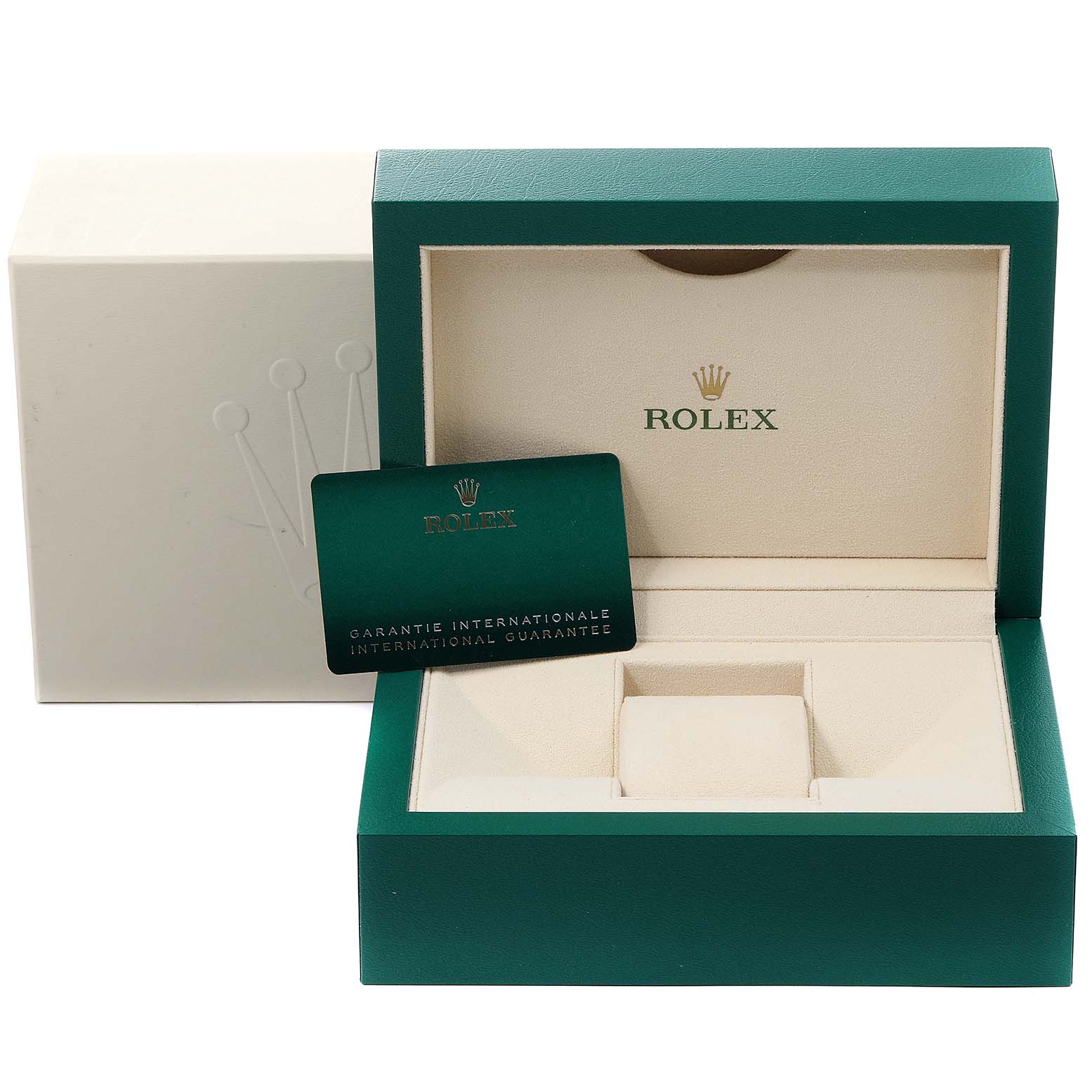 The image shows the opened green box and international warranty card for the Rolex Datejust 41 126333 Men's Steel and Gold (two tone) Grey Dial 126333 Men's Steel and Gold (two tone) Grey Dial model.