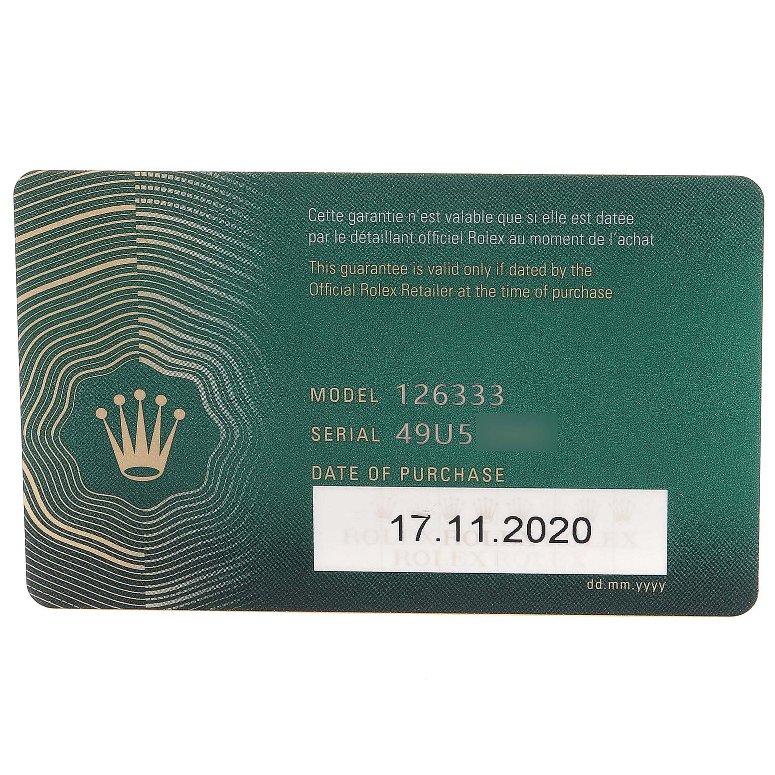 This image shows a warranty card for the Rolex Datejust 41 126333 Men's Steel and Gold (two tone) Grey Dial 126333 Men's Steel and Gold (two tone) Grey Dial model 126333 with a purchase date of 17.11.2020.