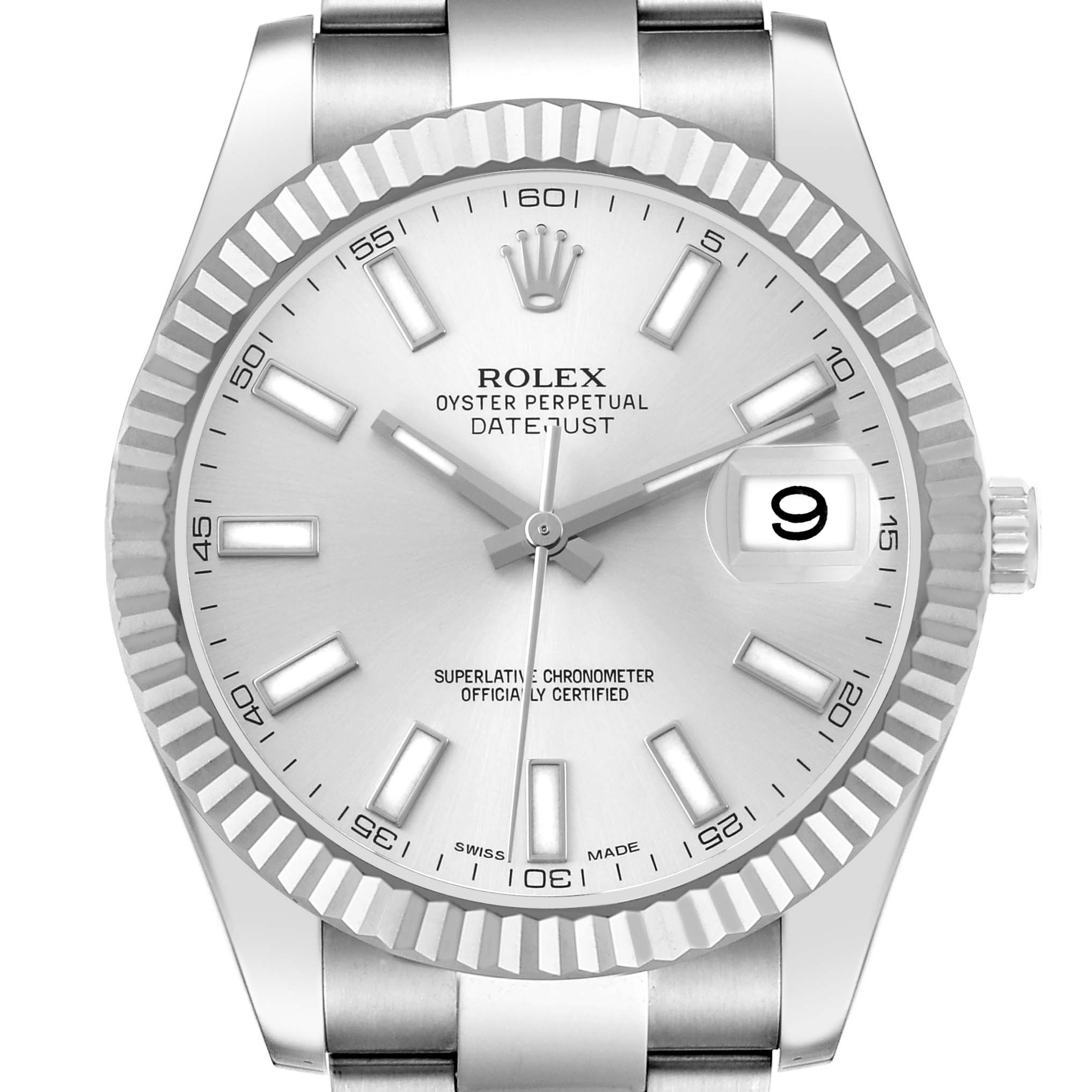 The Rolex Datejust 41 116334 Men's Stainless Steel Silver Dial watch is shown from a front angle, highlighting the dial, fluted bezel, and bracelet.