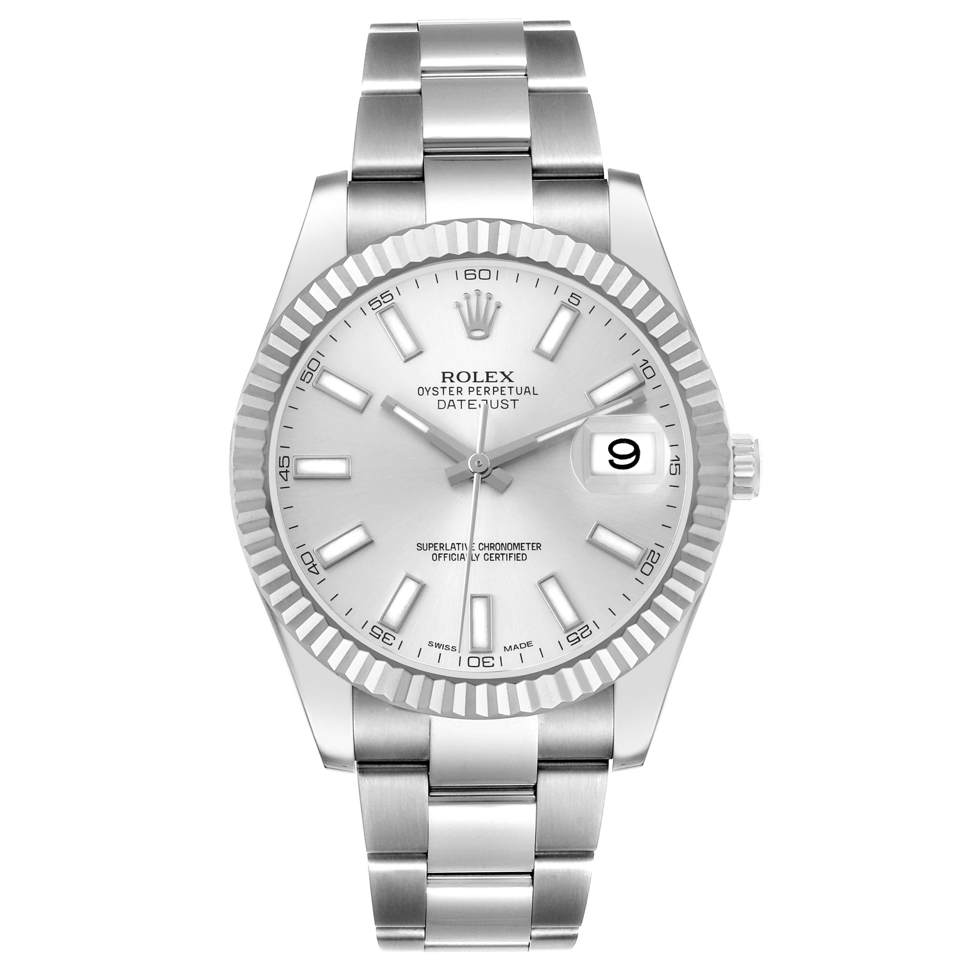The Rolex Datejust 41 116334 Men's Stainless Steel Silver Dial watch is shown from a front angle, displaying the dial, fluted bezel, and stainless steel bracelet.