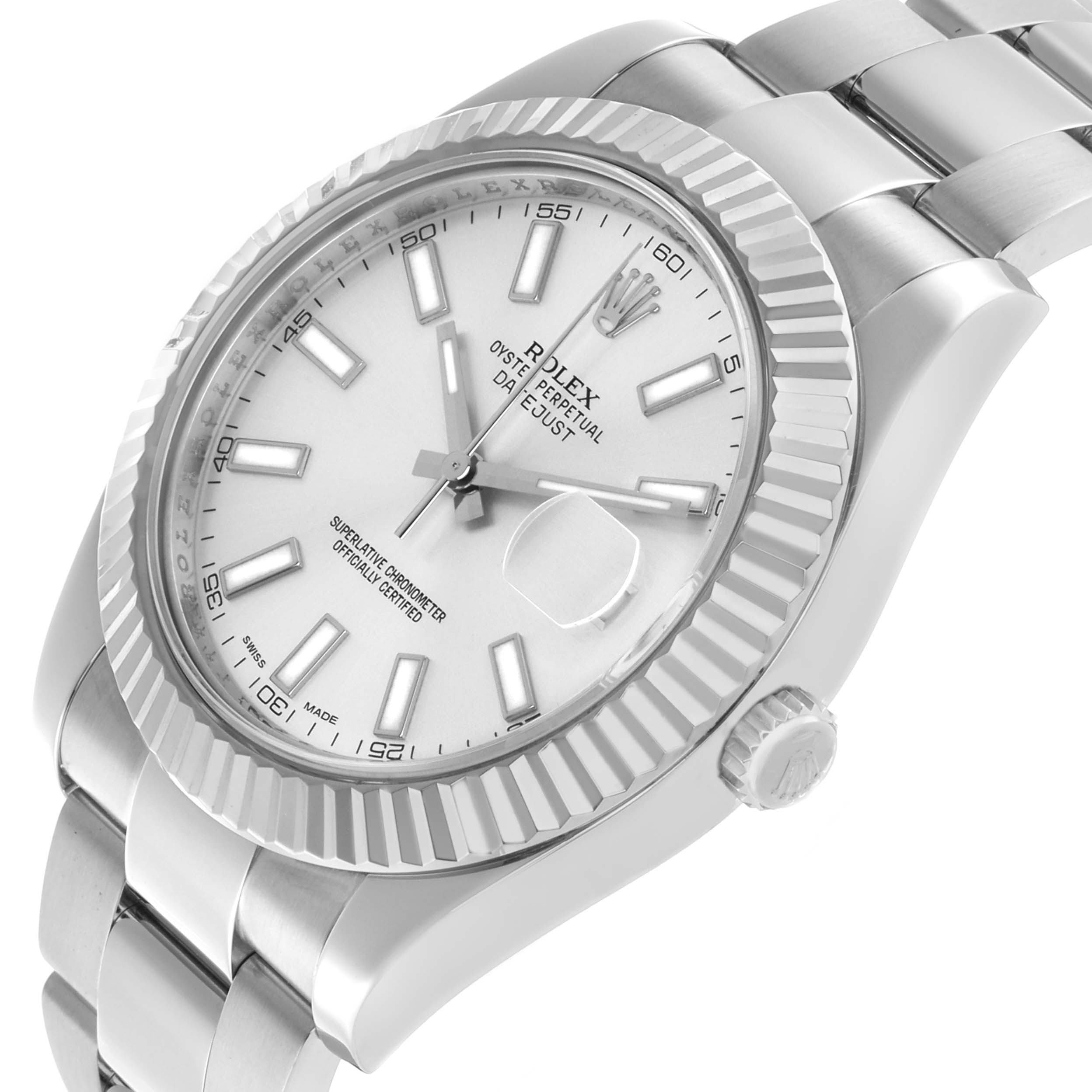 The Rolex Datejust 41 116334 Men's Stainless Steel Silver Dial is shown at a slight side angle, highlighting the face, fluted bezel, and part of the bracelet.