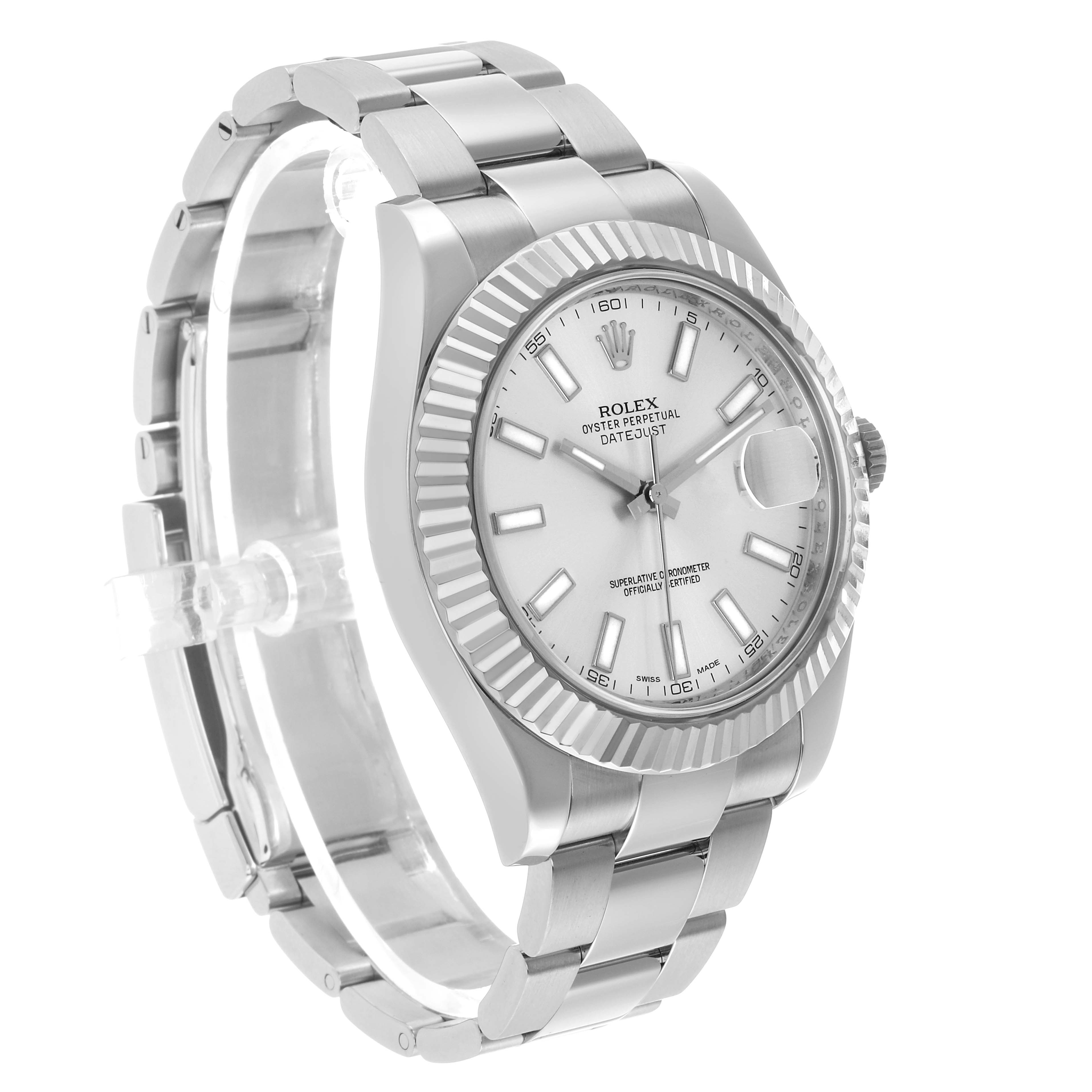 The Rolex Datejust 41 116334 Men's Stainless Steel Silver Dial watch is shown at a slight angle, highlighting the bezel, dial, bracelet, and crown.