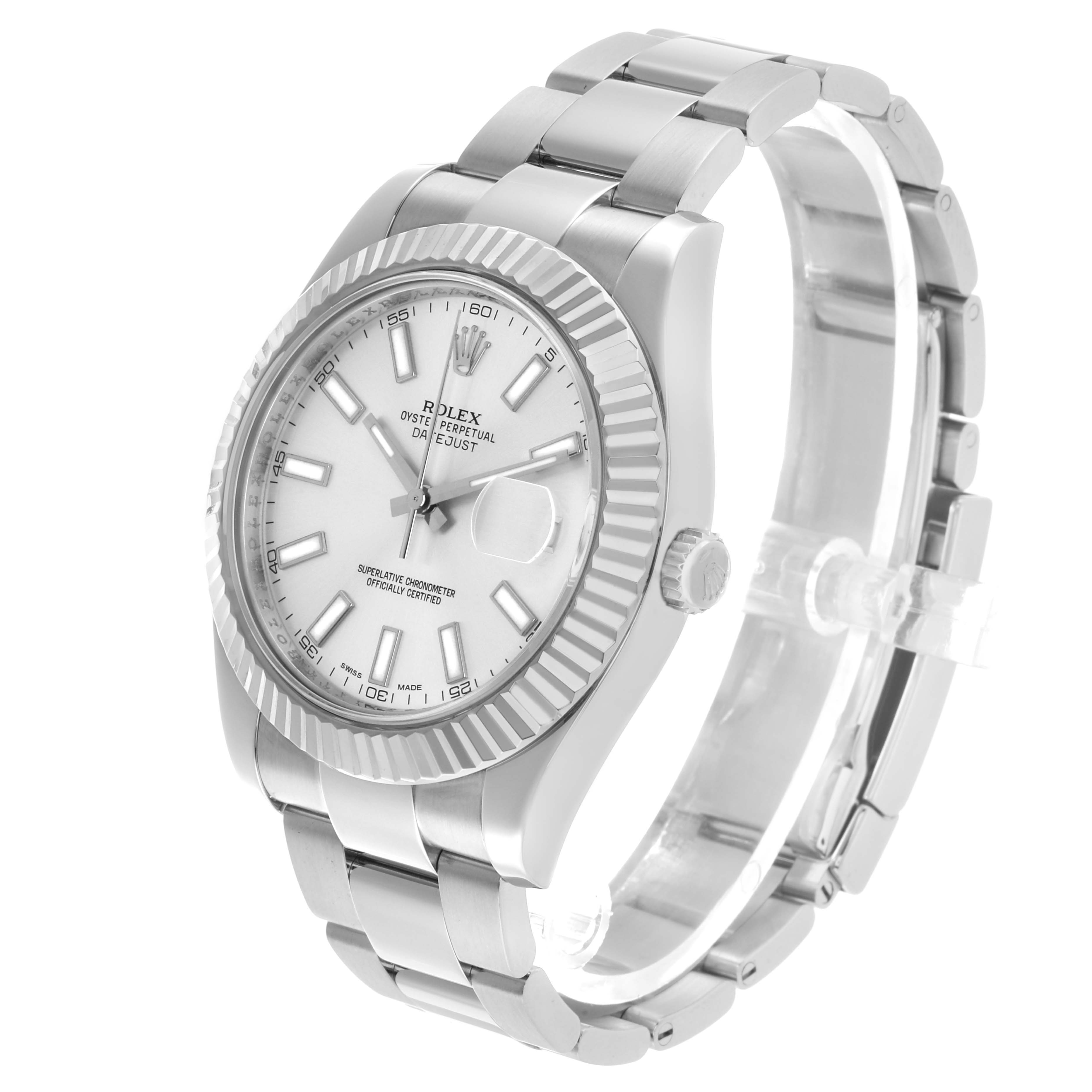 The Rolex Datejust 41 116334 Men's Stainless Steel Silver Dial watch is shown at a three-quarter angle, highlighting the face, bezel, crown, and bracelet.
