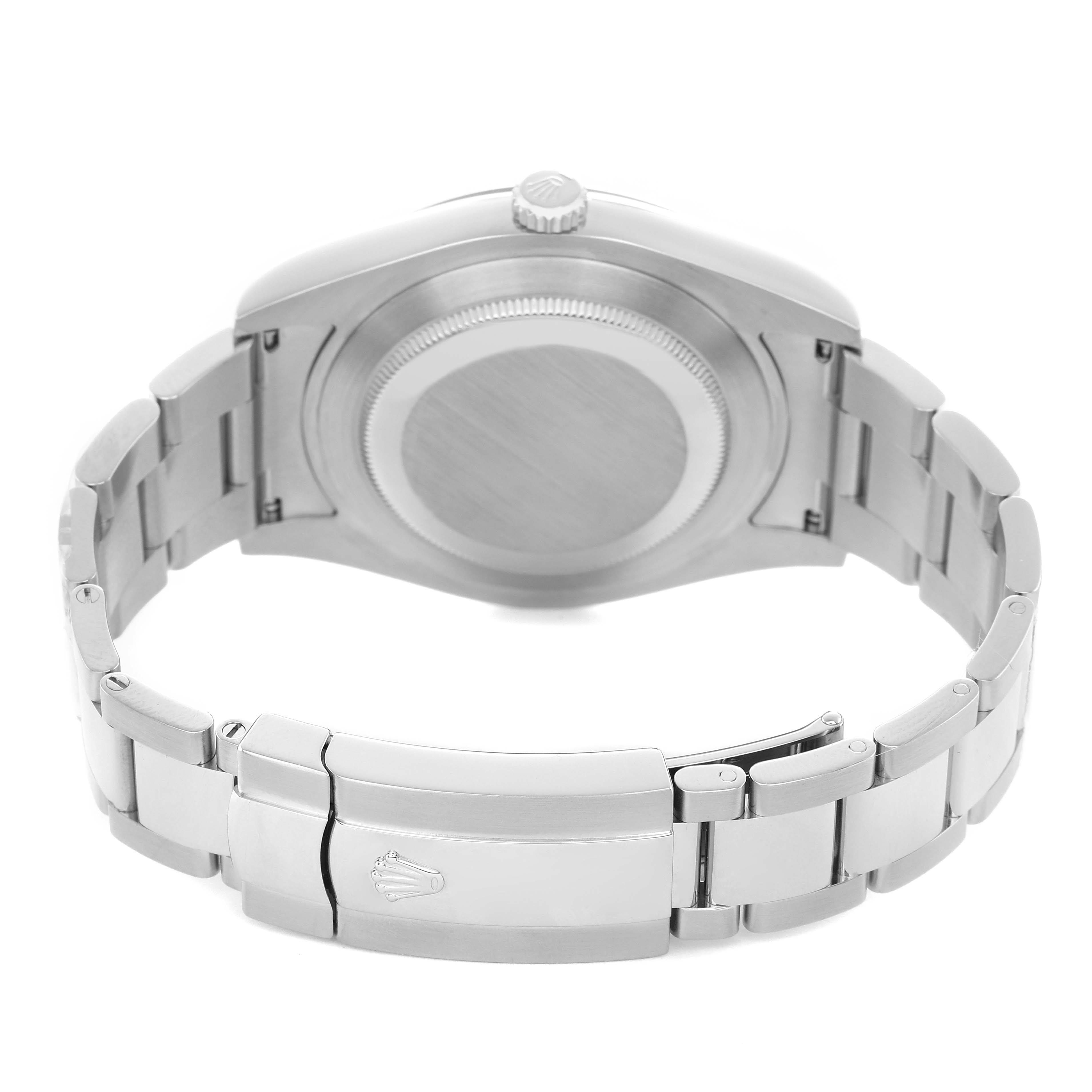 The image shows the back view of a Rolex Datejust 41 116334 Men's Stainless Steel Silver Dial, highlighting the case back and bracelet clasp.