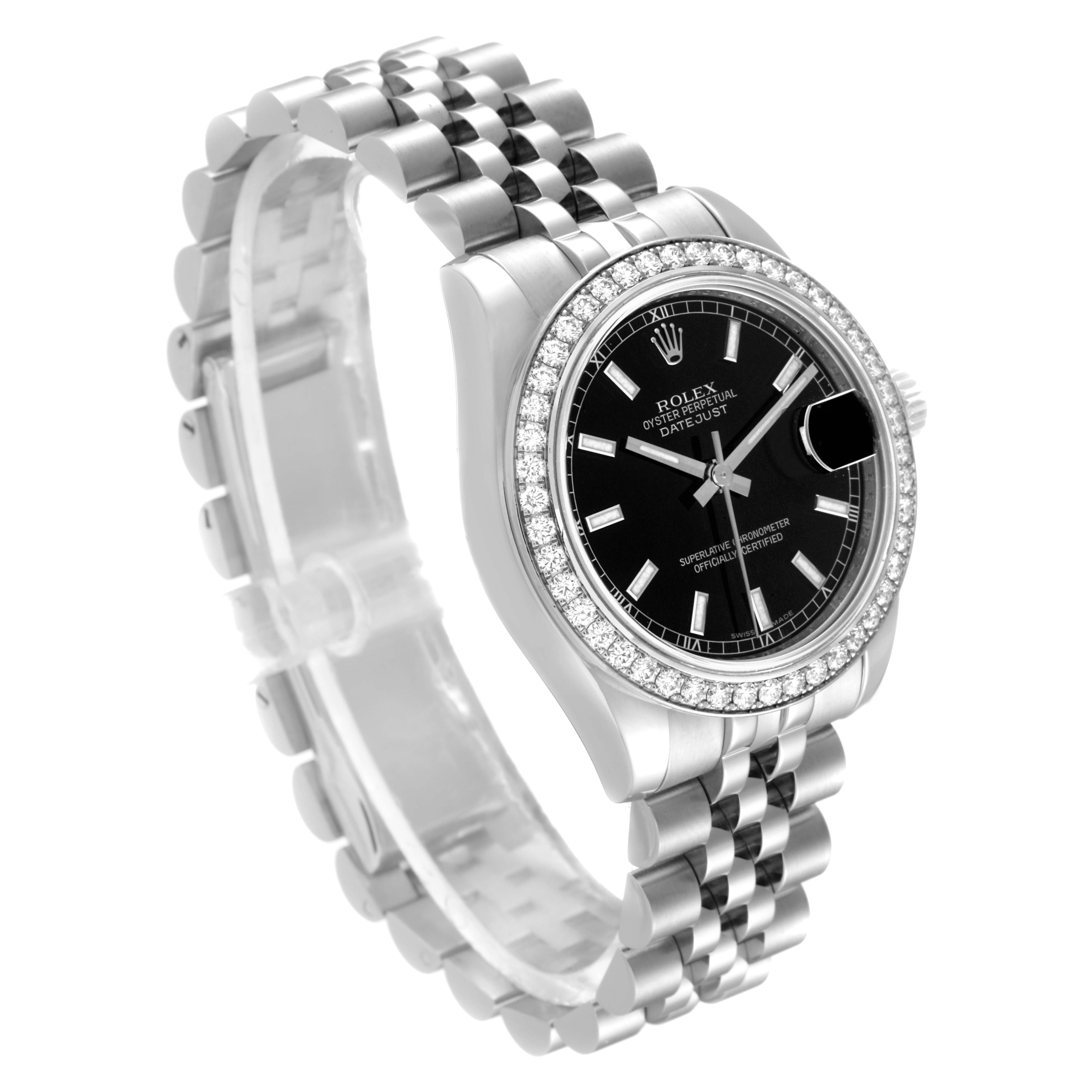 The image shows a side angle view of the Rolex Mid-Size 178384 Women's Stainless Steel Black Dial 178384 Women's Stainless Steel Black Dial Datejust watch, highlighting its bracelet, bezel, and dial.