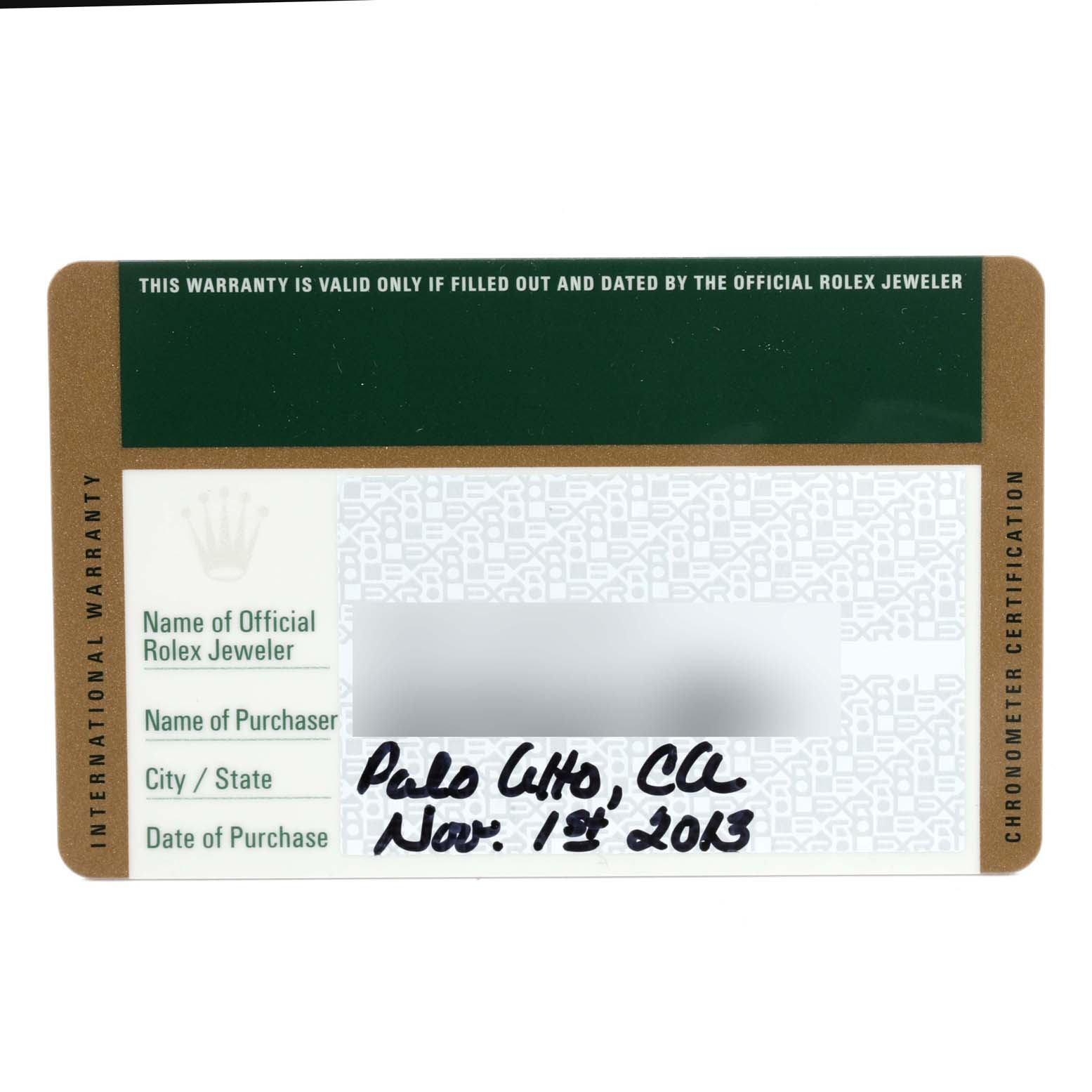 This image shows an International Warranty card for a Mid-Size Rolex watch.