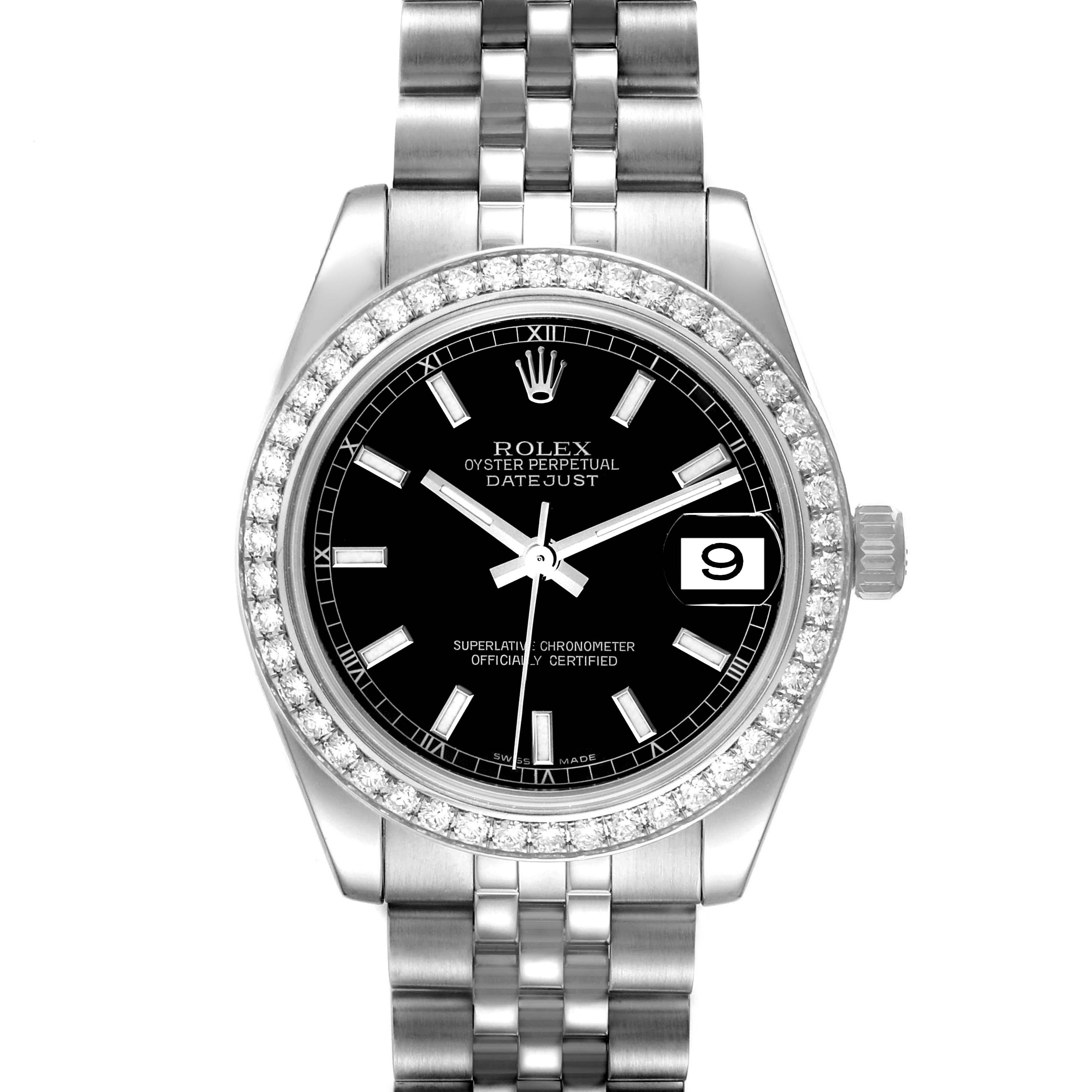 The image shows a Rolex Mid-Size 178384 Women's Stainless Steel Black Dial 178384 Women's Stainless Steel Black Dial Datejust model, featuring a black dial, diamond bezel, date display, and silver bracelet, viewed from the front.