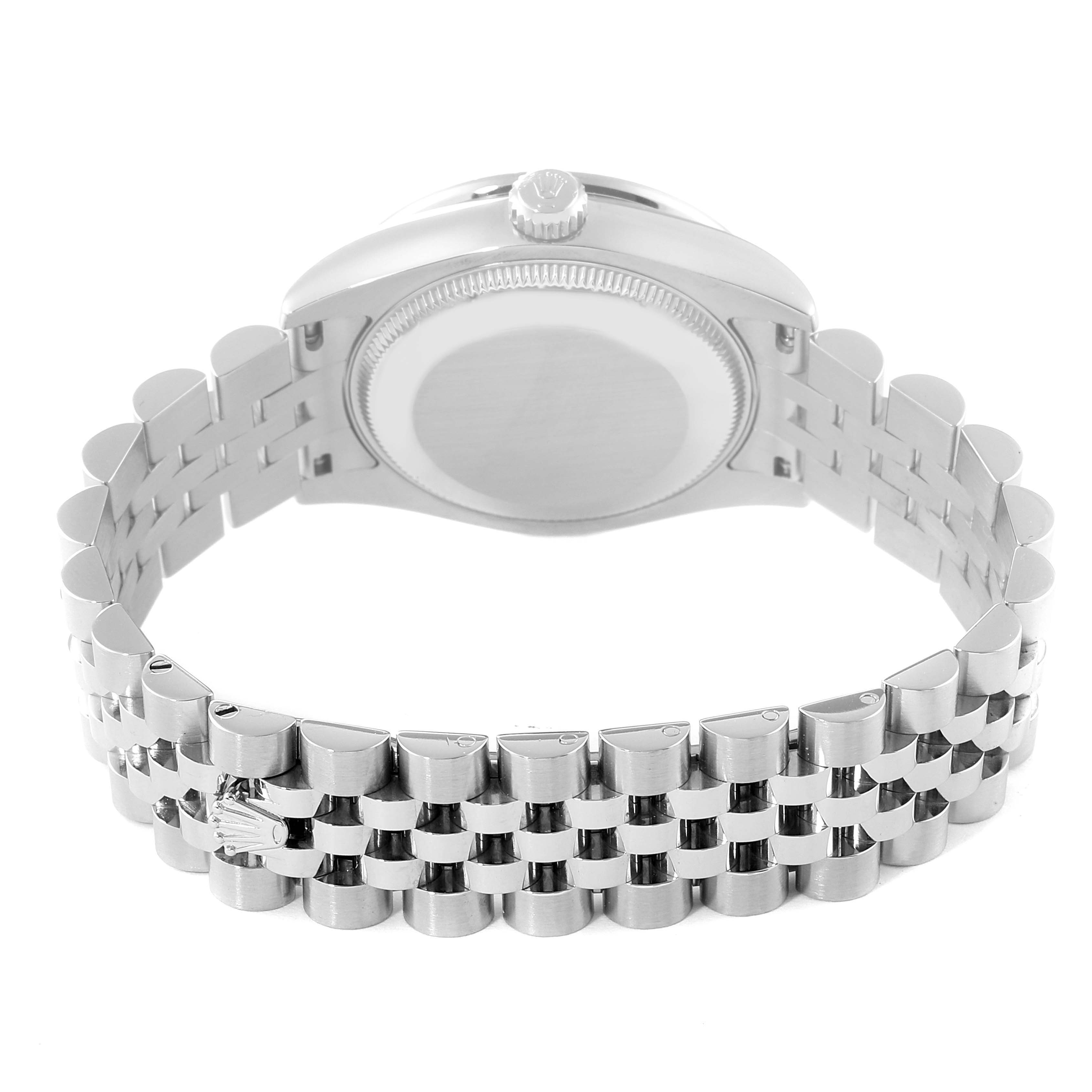 This image shows the back view of a Mid-Size Rolex watch, highlighting the case back and Jubilee bracelet.