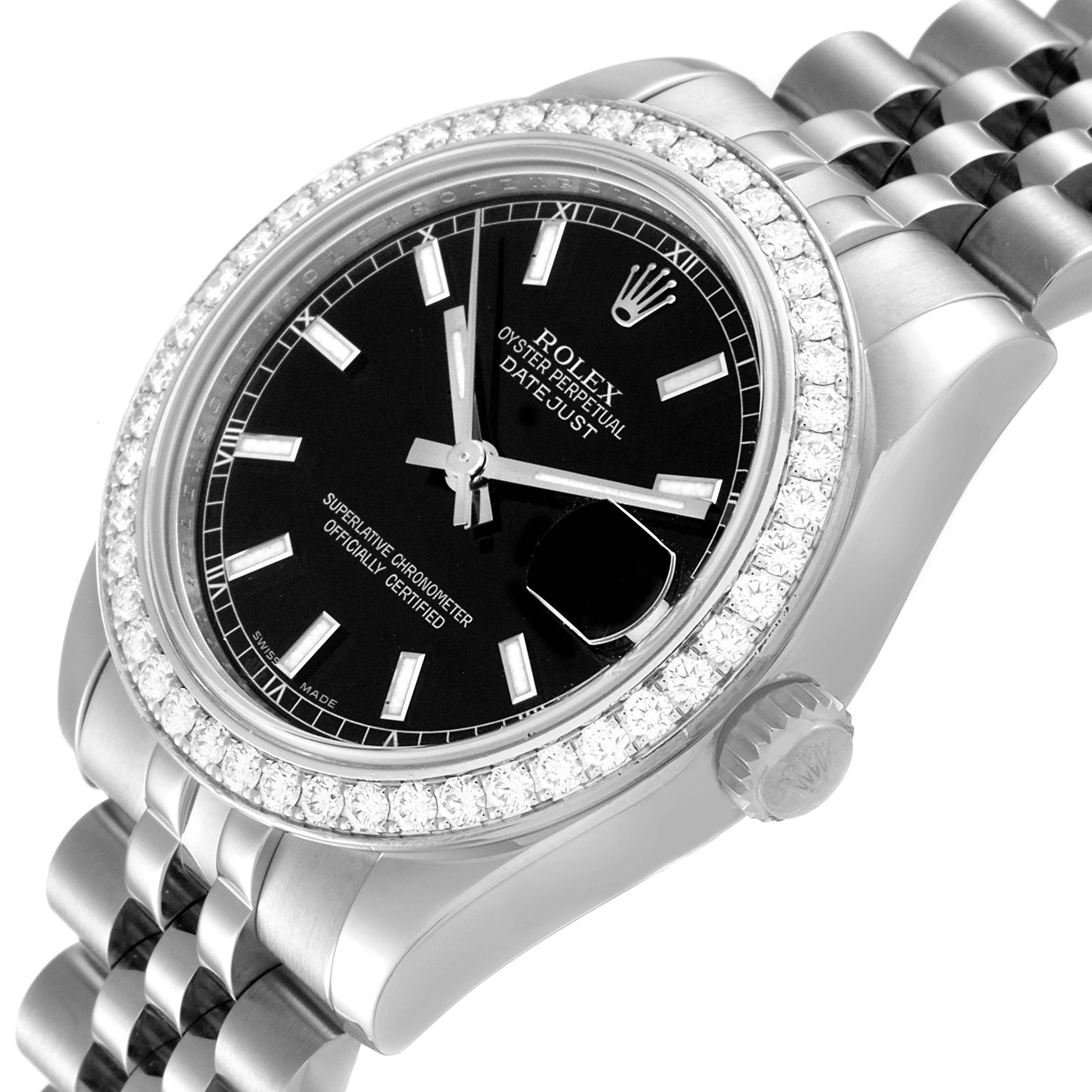 The image shows a Rolex Mid-Size 178384 Women's Stainless Steel Black Dial 178384 Women's Stainless Steel Black Dial Datejust watch at an angled view, displaying the dial, bezel, crown, and part of the bracelet.