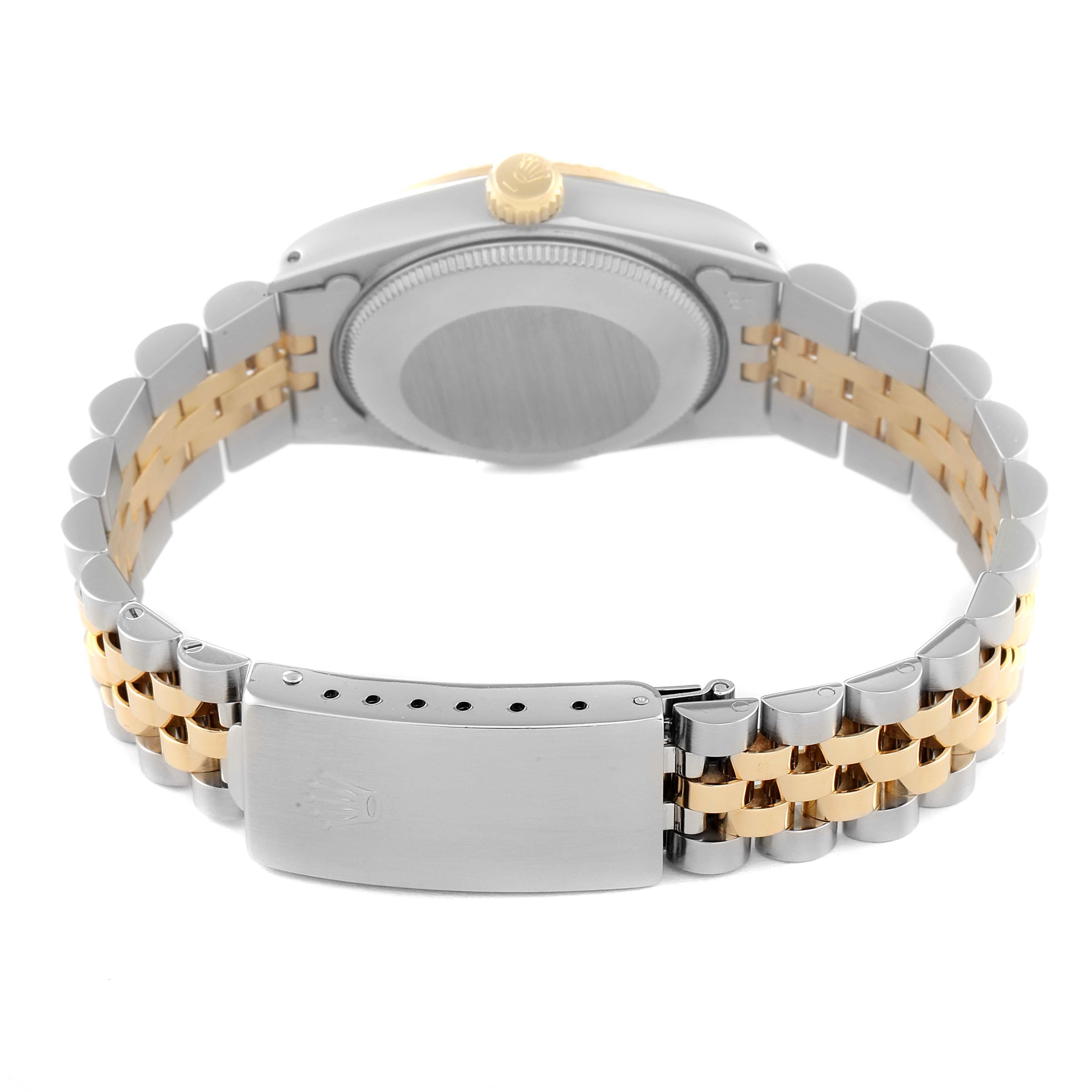 This image shows the back of a Mid-Size Rolex watch, focusing on the case back and two-tone metal bracelet.