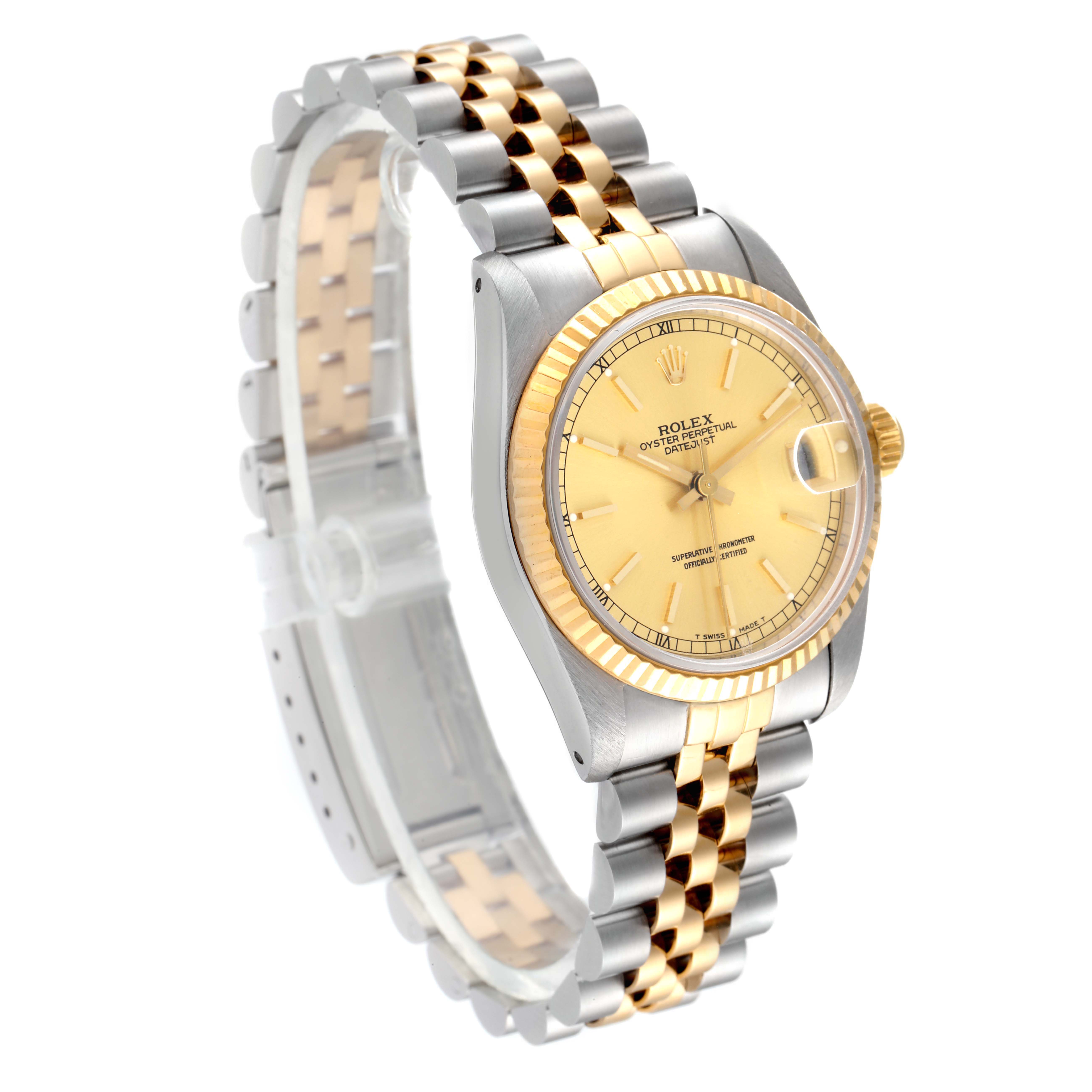 This image shows a side angle of a Rolex Mid-Size 68273 Women's Stainless Steel Champagne Dial 68273 Women's Stainless Steel Champagne Dial model, highlighting the face, bezel, and Jubilee bracelet.