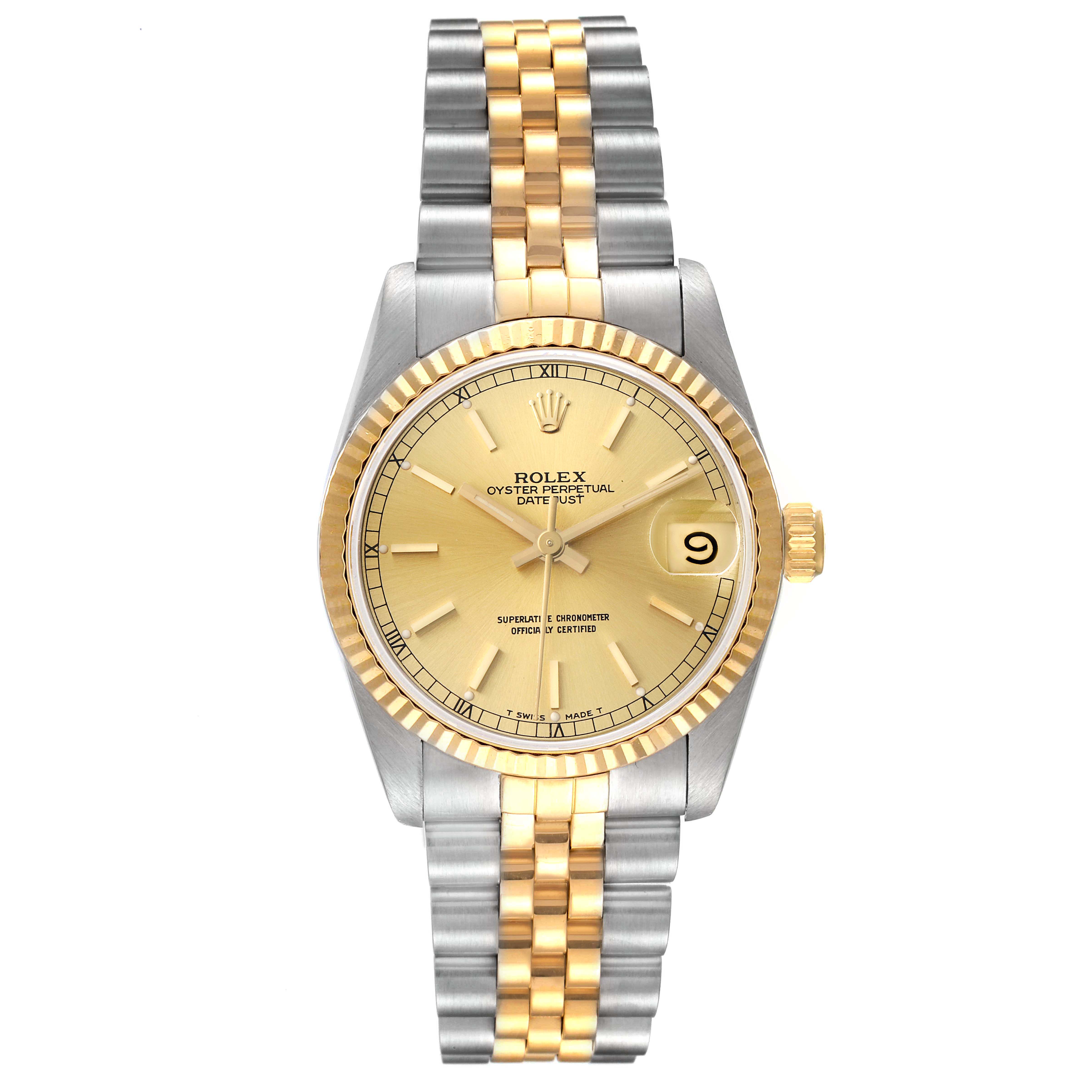 The Rolex Mid-Size 68273 Women's Stainless Steel Champagne Dial 68273 Women's Stainless Steel Champagne Dial Oyster Perpetual Datejust watch is shown from a frontal angle, displaying its dial, bezel, and bracelet.