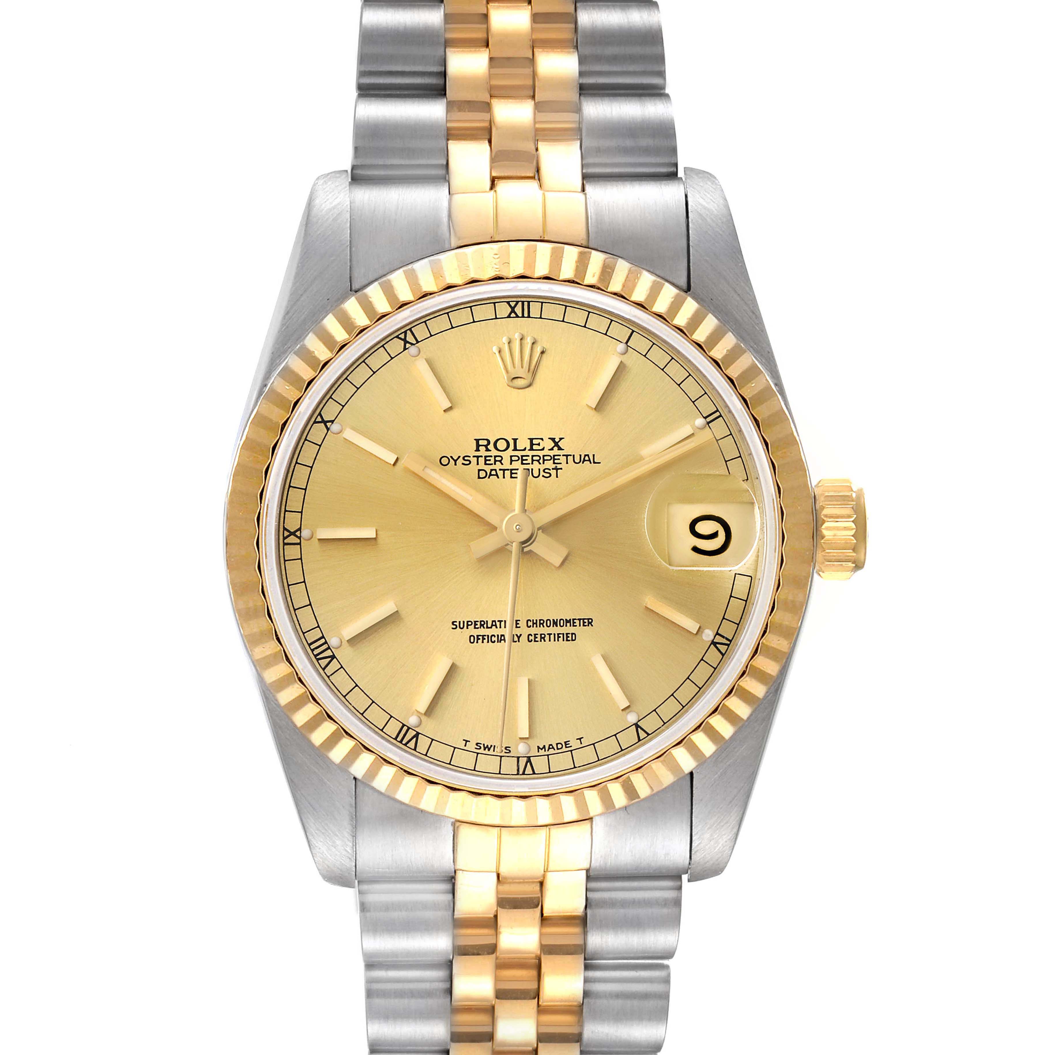 The image shows a frontal view of a Rolex Mid-Size 68273 Women's Stainless Steel Champagne Dial 68273 Women's Stainless Steel Champagne Dial Oyster Perpetual Datejust watch, featuring a gold dial, fluted bezel, and two-tone bracelet.