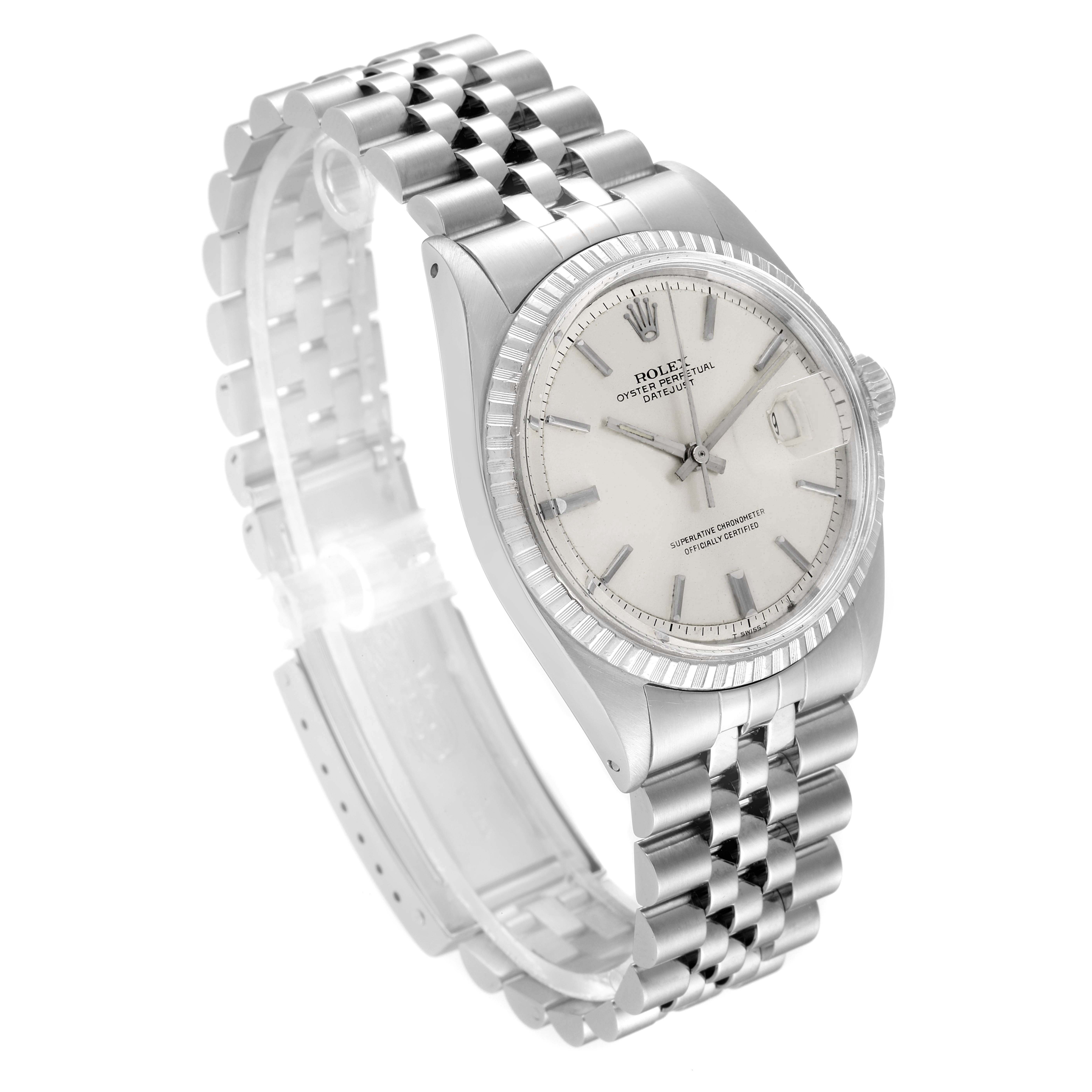 The image shows a Rolex Datejust 1603 Men
s Stainless Steel Silver Dial 1603 Men
s Stainless Steel Silver Dial watch from an angled perspective, highlighting the face, bezel, crown, and bracelet.